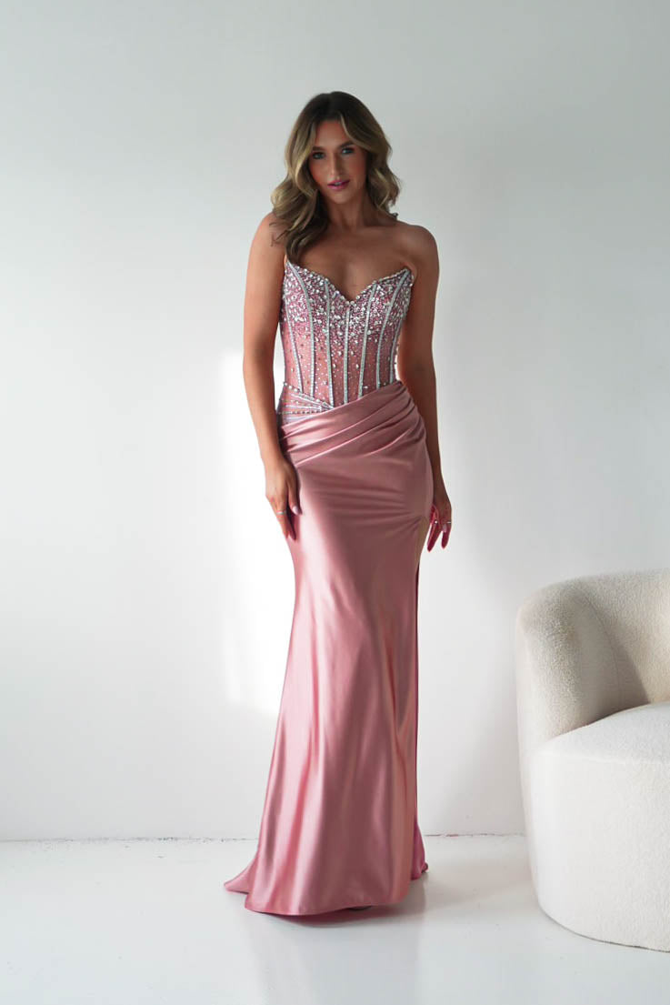 Oh Hello Clothing Dresses > Prom Dresses Paloma Crystal Embellished Sheer Corset Gown | Rose