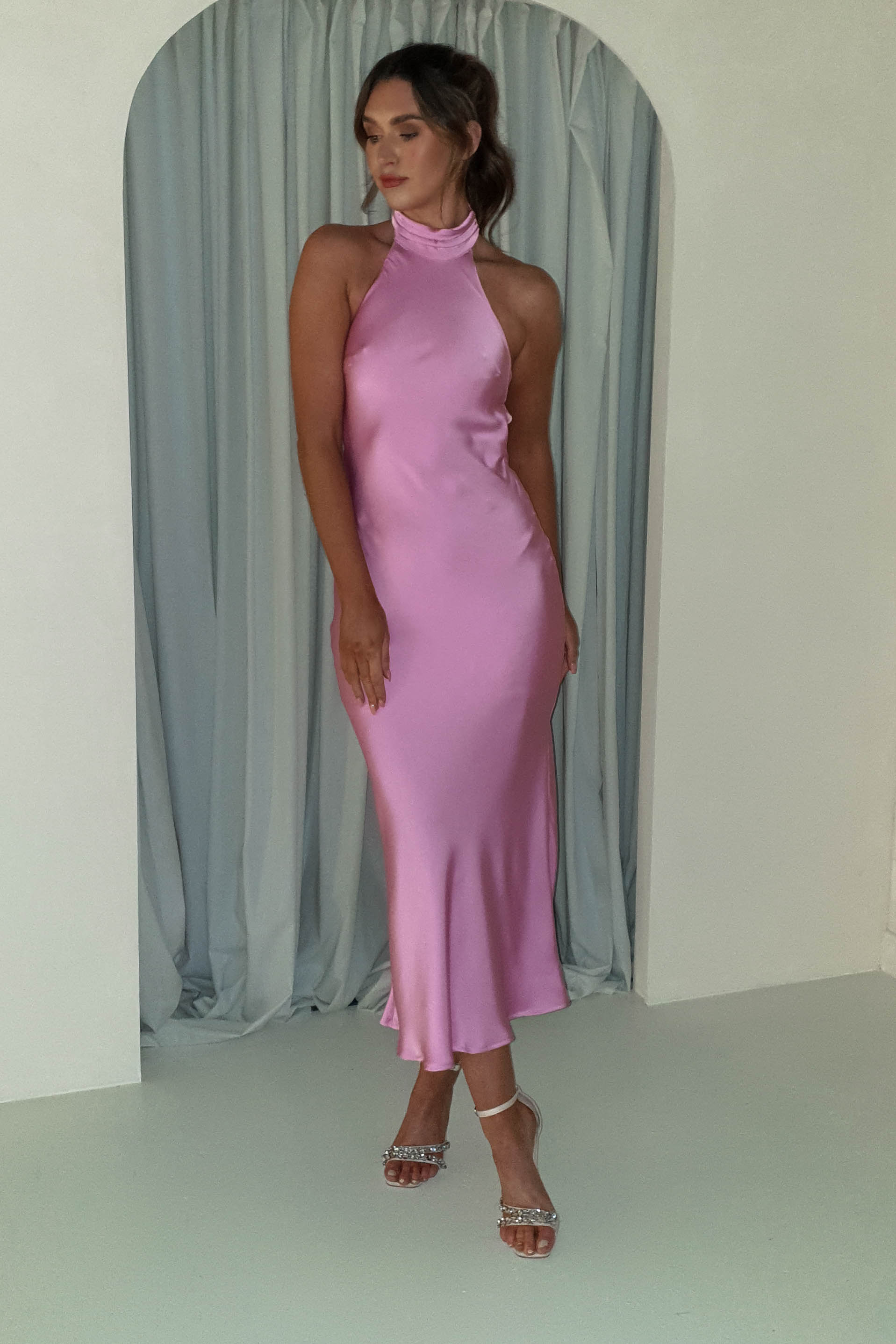 Women's Pleated Pink Halter Neck Maxi Dress
