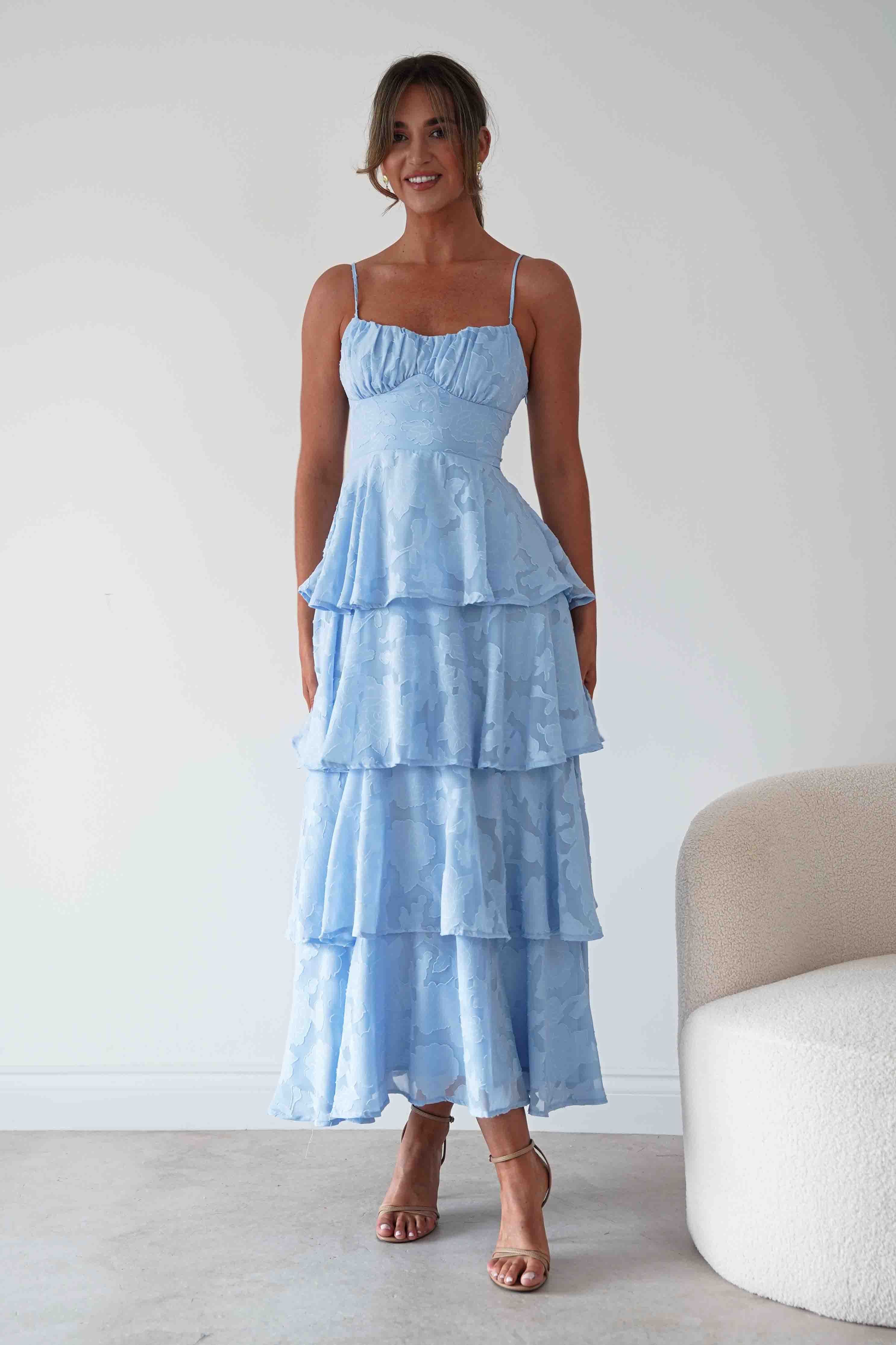 Oh Hello Clothing Women > Clothing > Dresses Patsy Floral Jacquard Tiered Maxi Dress | Blue