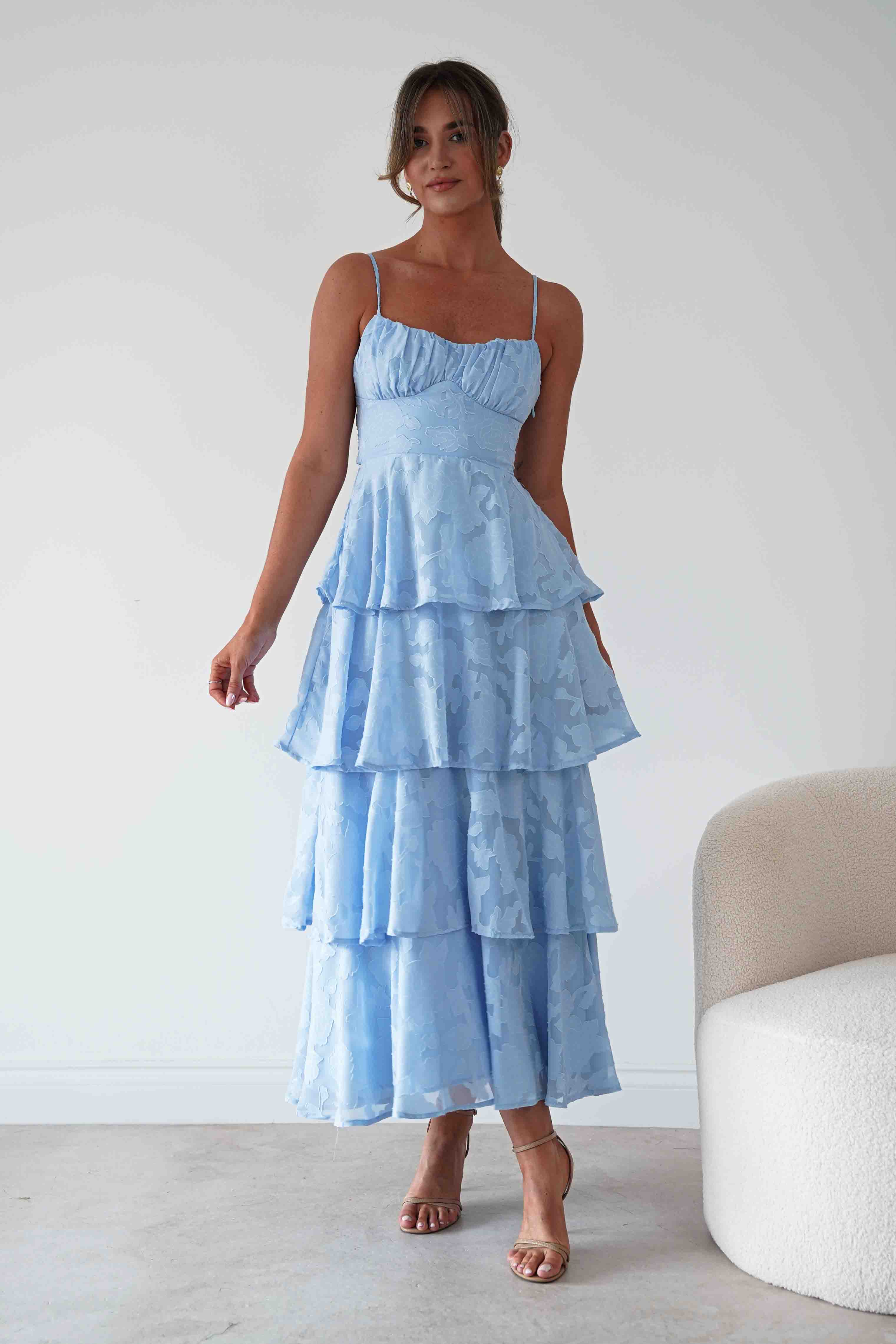 Oh Hello Clothing Women > Clothing > Dresses Patsy Floral Jacquard Tiered Maxi Dress | Blue