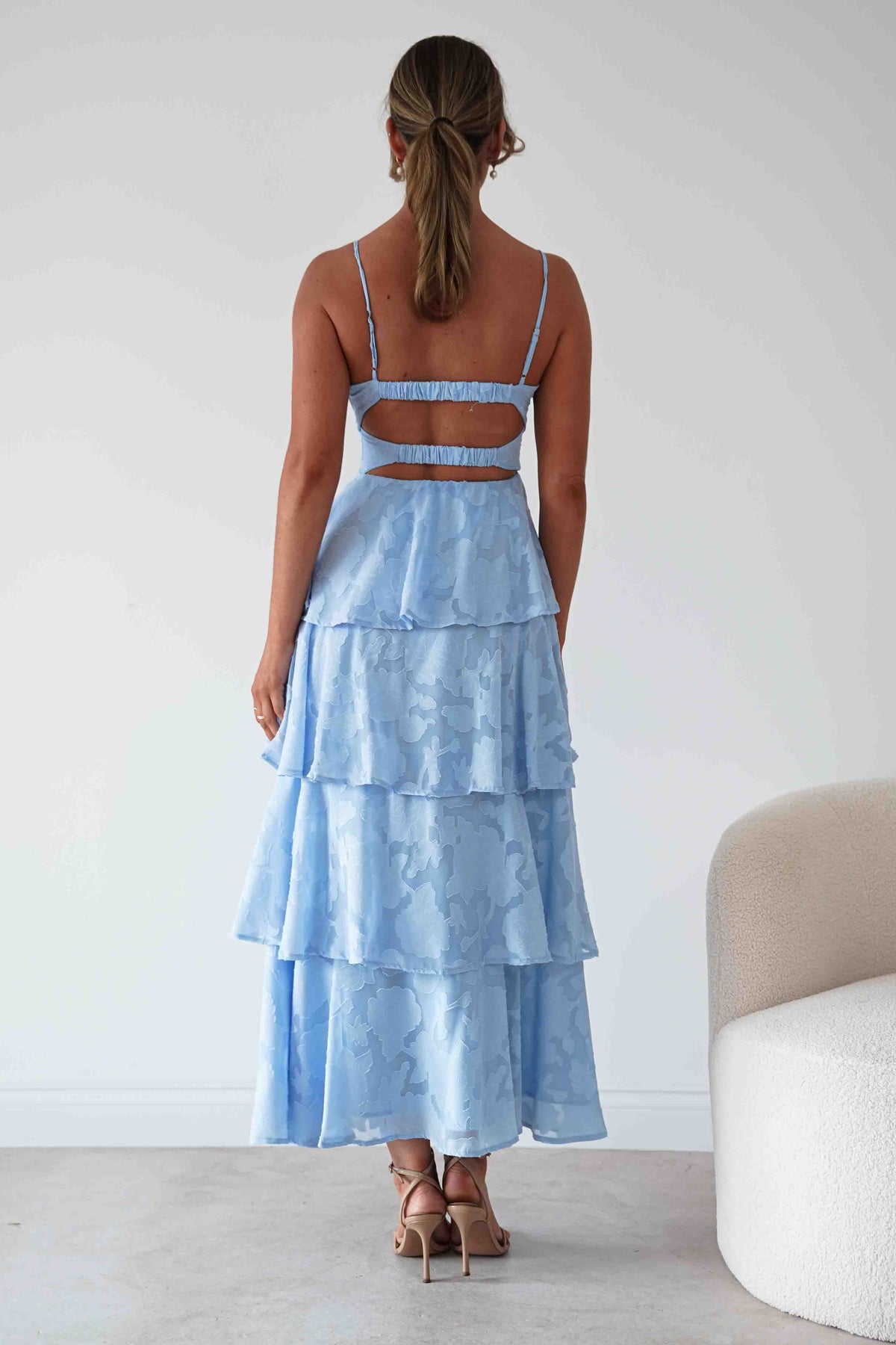 Oh Hello Clothing Women > Clothing > Dresses Patsy Floral Jacquard Tiered Maxi Dress | Blue