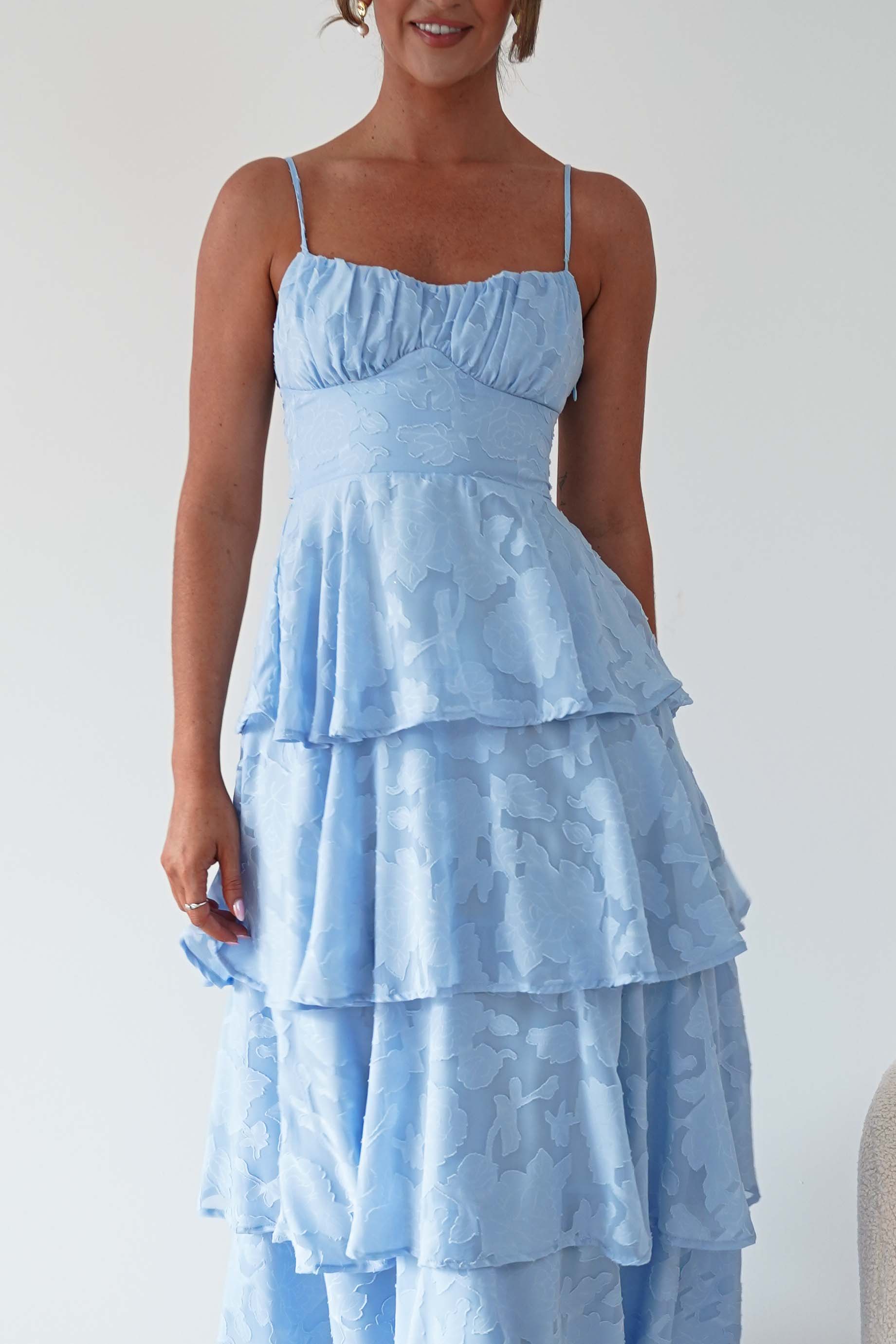 Oh Hello Clothing Women > Clothing > Dresses Patsy Floral Jacquard Tiered Maxi Dress | Blue
