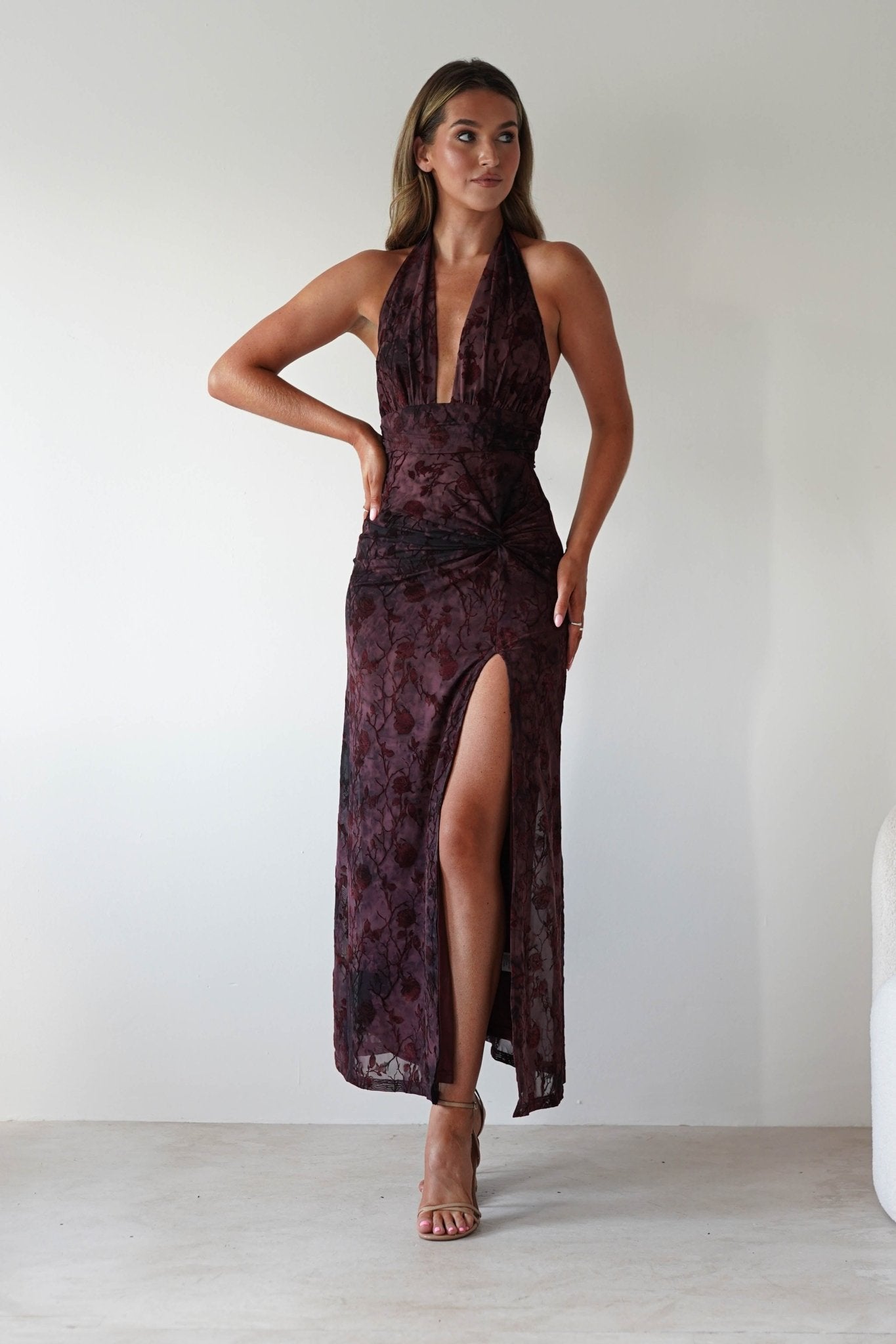 Paxton Halter Neck Floral Maxi Dress | Wine | Oh Hello Clothing | S (8)