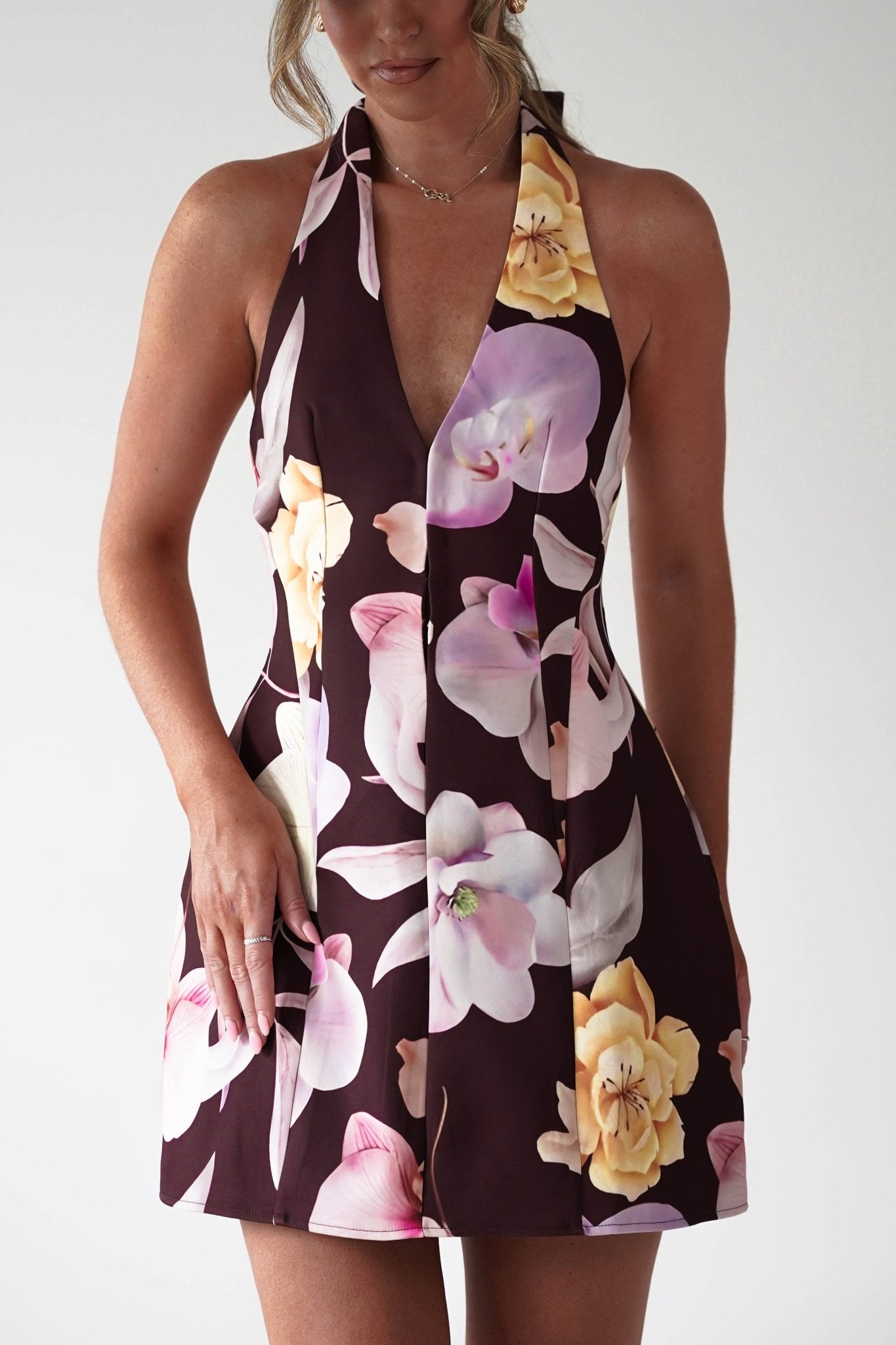 Peony Structured Halter Neck Mini Dress | Brown | Oh Hello Clothing | XS (6)