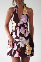 Peony Structured Halter Neck Mini Dress Brown | Wedding Guest Dress | Halter Neck | Oh Hello Clothing