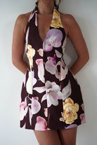Peony Structured Halter Neck Mini Dress Brown | Wedding Guest Dress | Halter Neck | Oh Hello Clothing