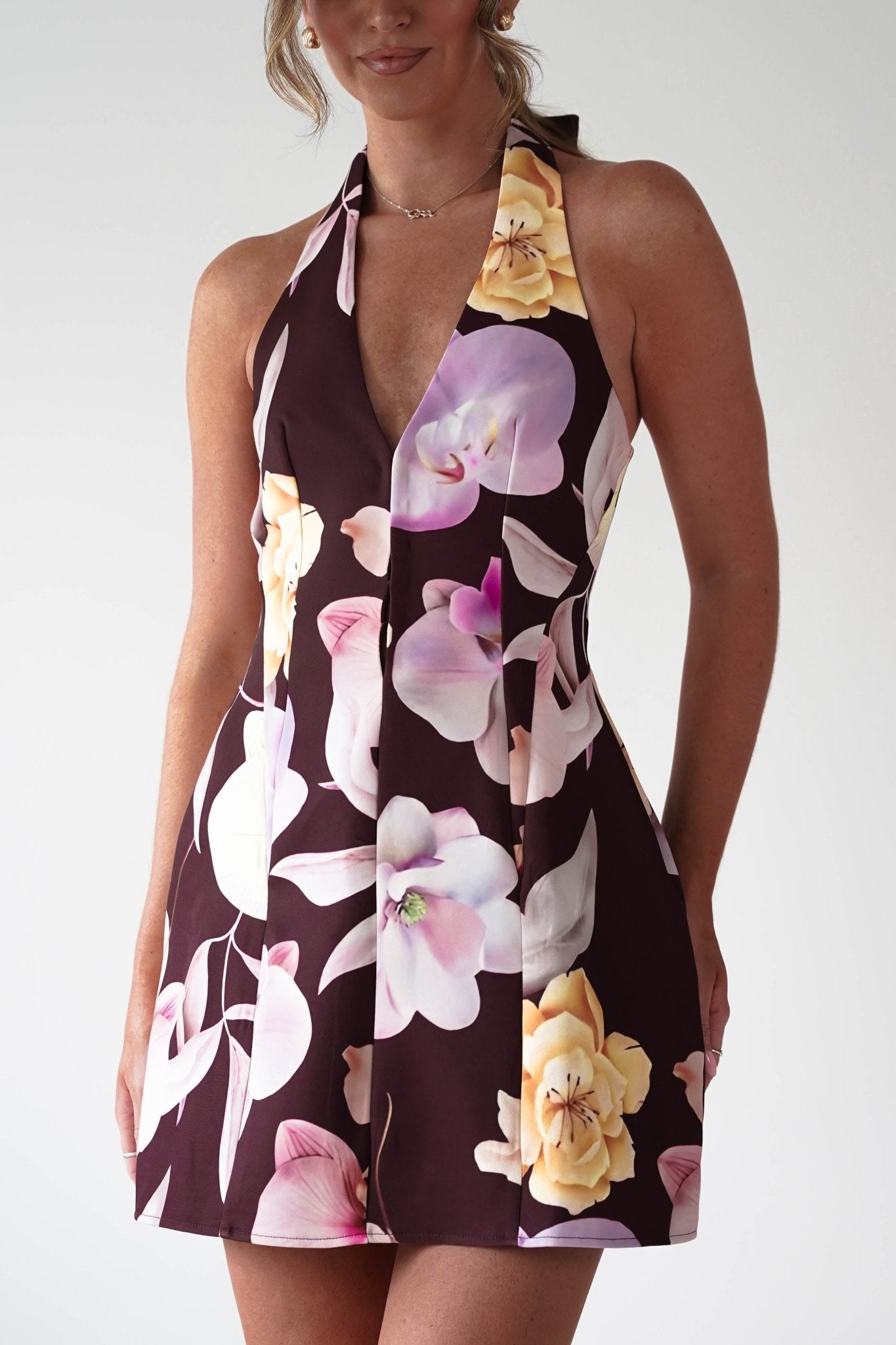 Peony Structured Halter Neck Mini Dress | Brown | Oh Hello Clothing | XS (6)