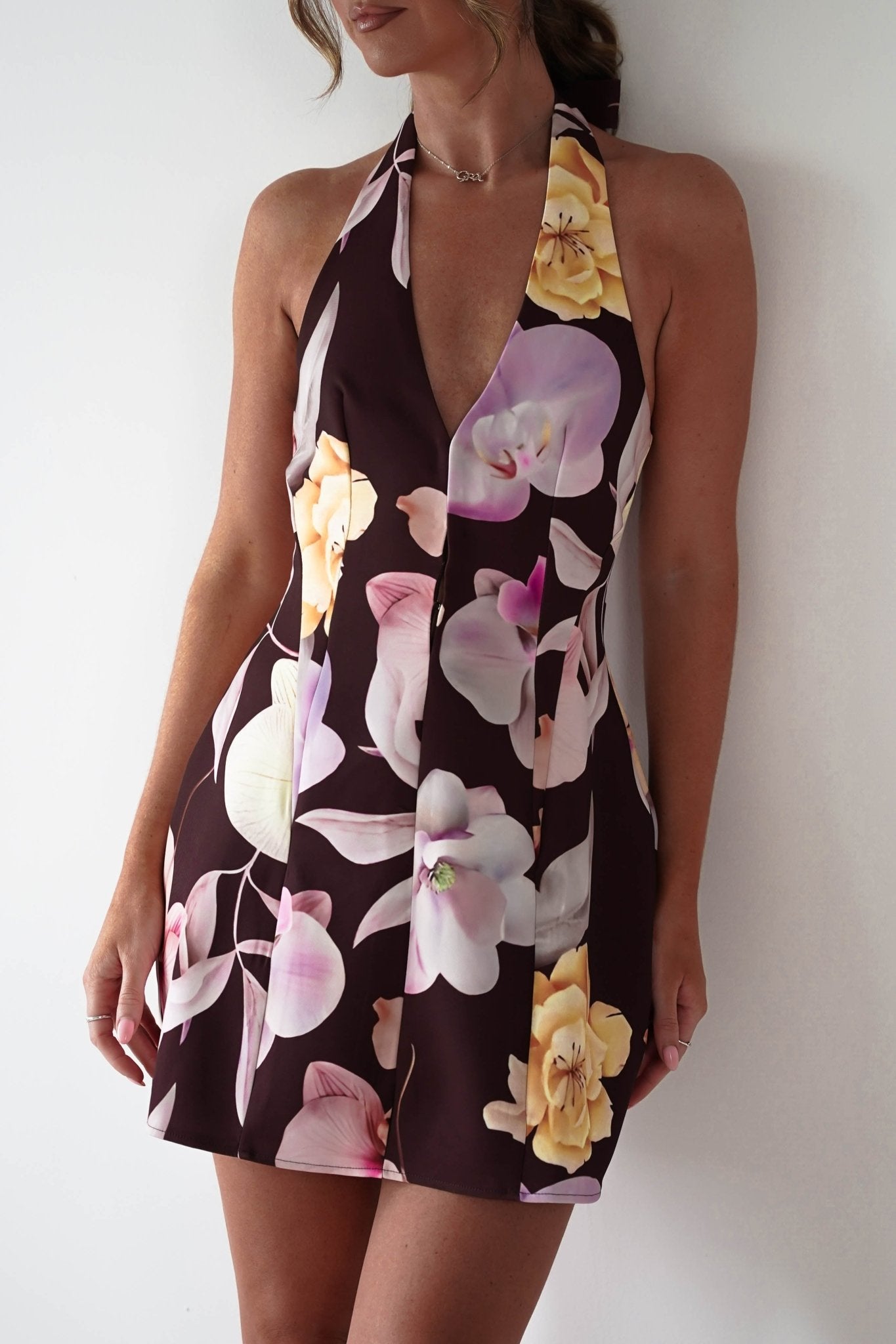 Peony Structured Halter Neck Mini Dress | Brown | Oh Hello Clothing | XS (6)