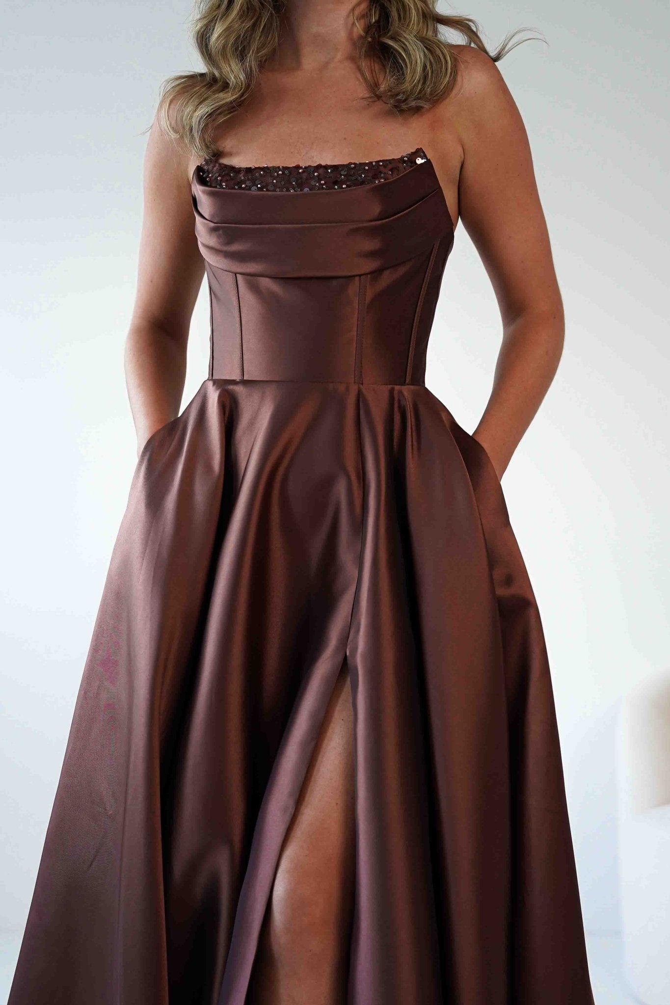 Pepper Strapless A - Line Maxi Gown | Brown | Oh Hello Clothing | S (8)