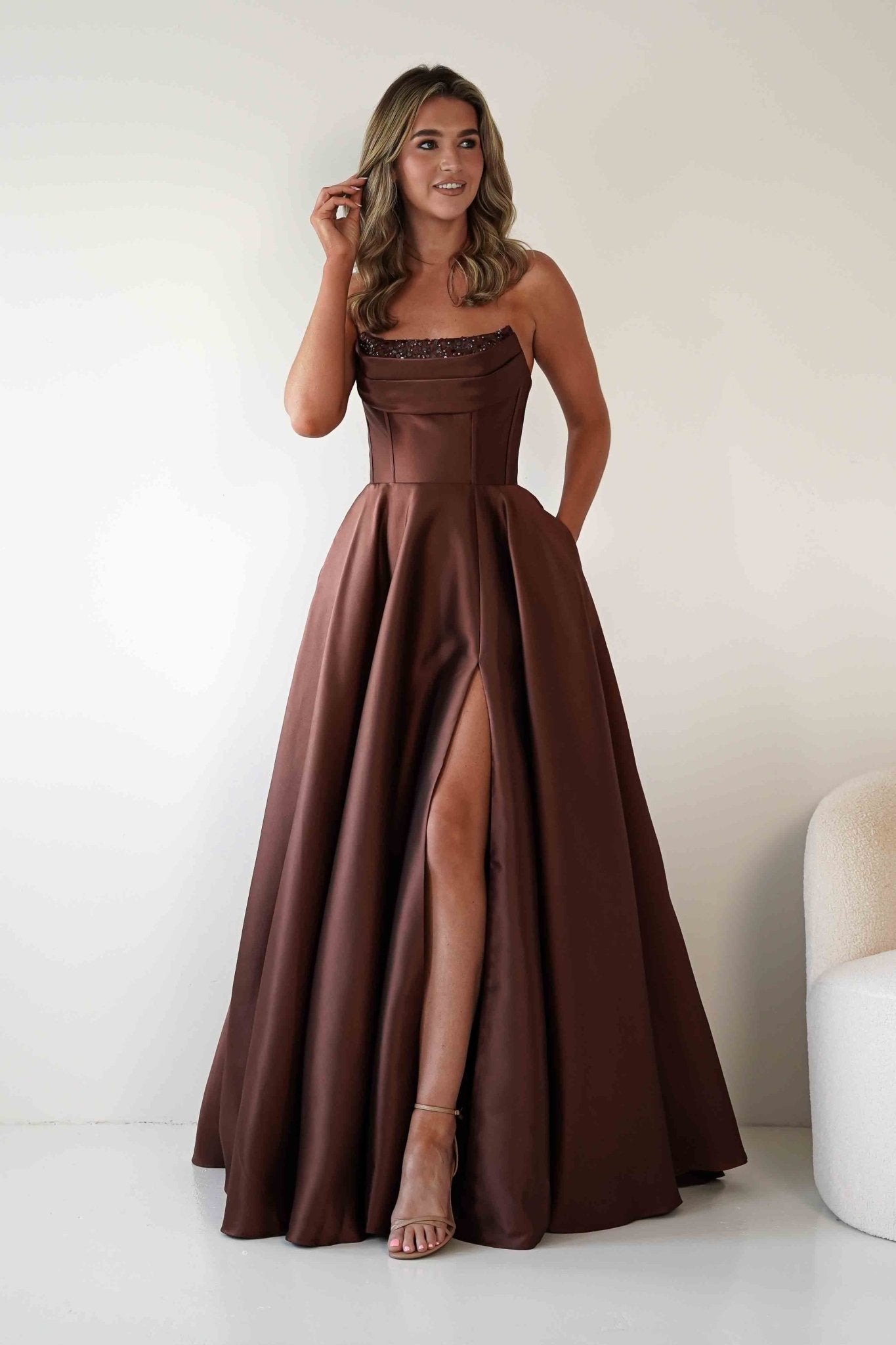 Pepper Strapless A - Line Maxi Gown | Brown | Oh Hello Clothing | S (8)
