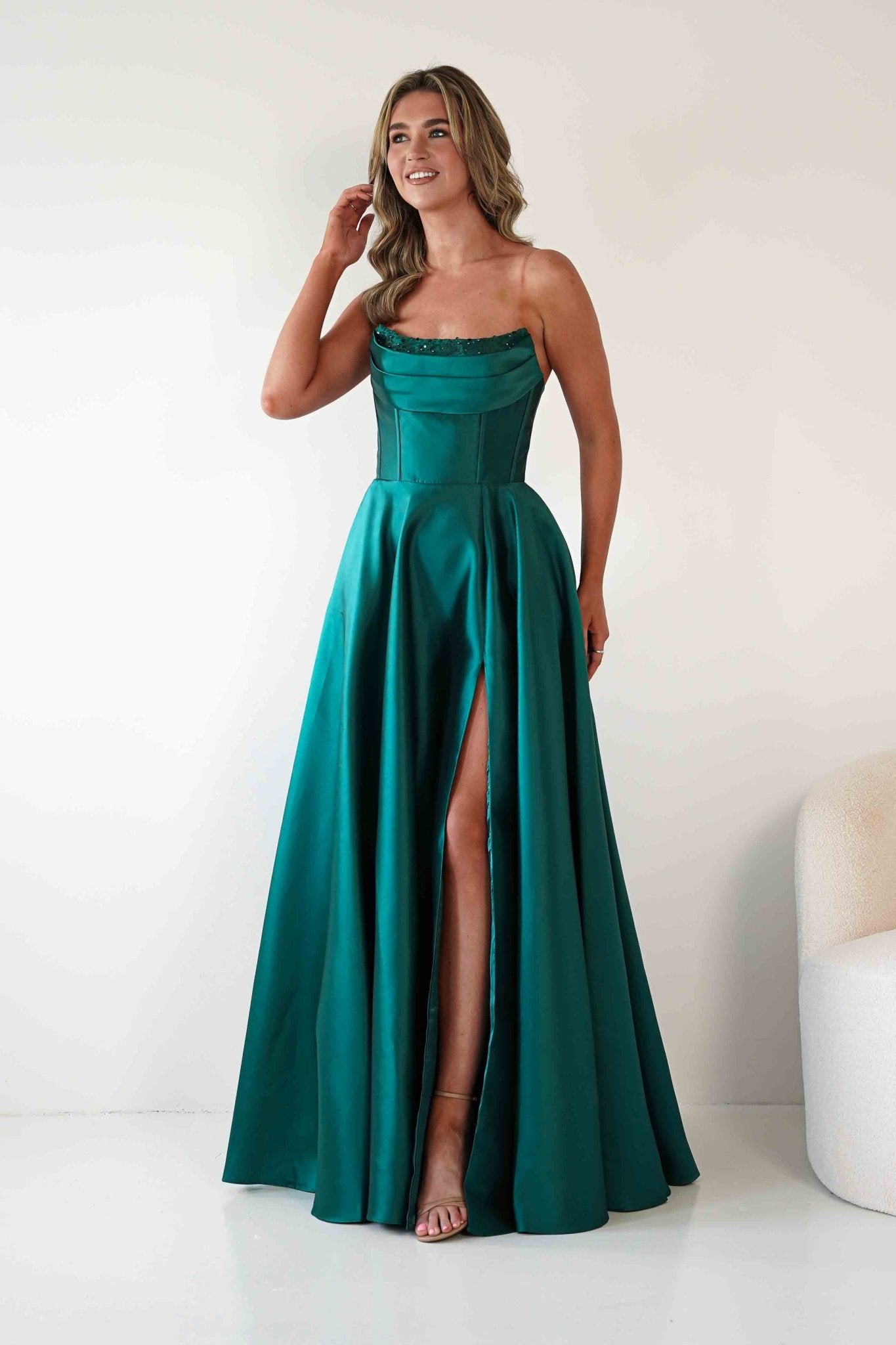 Pepper Strapless A - Line Maxi Gown | Emerald Green | Oh Hello Clothing | S (8)