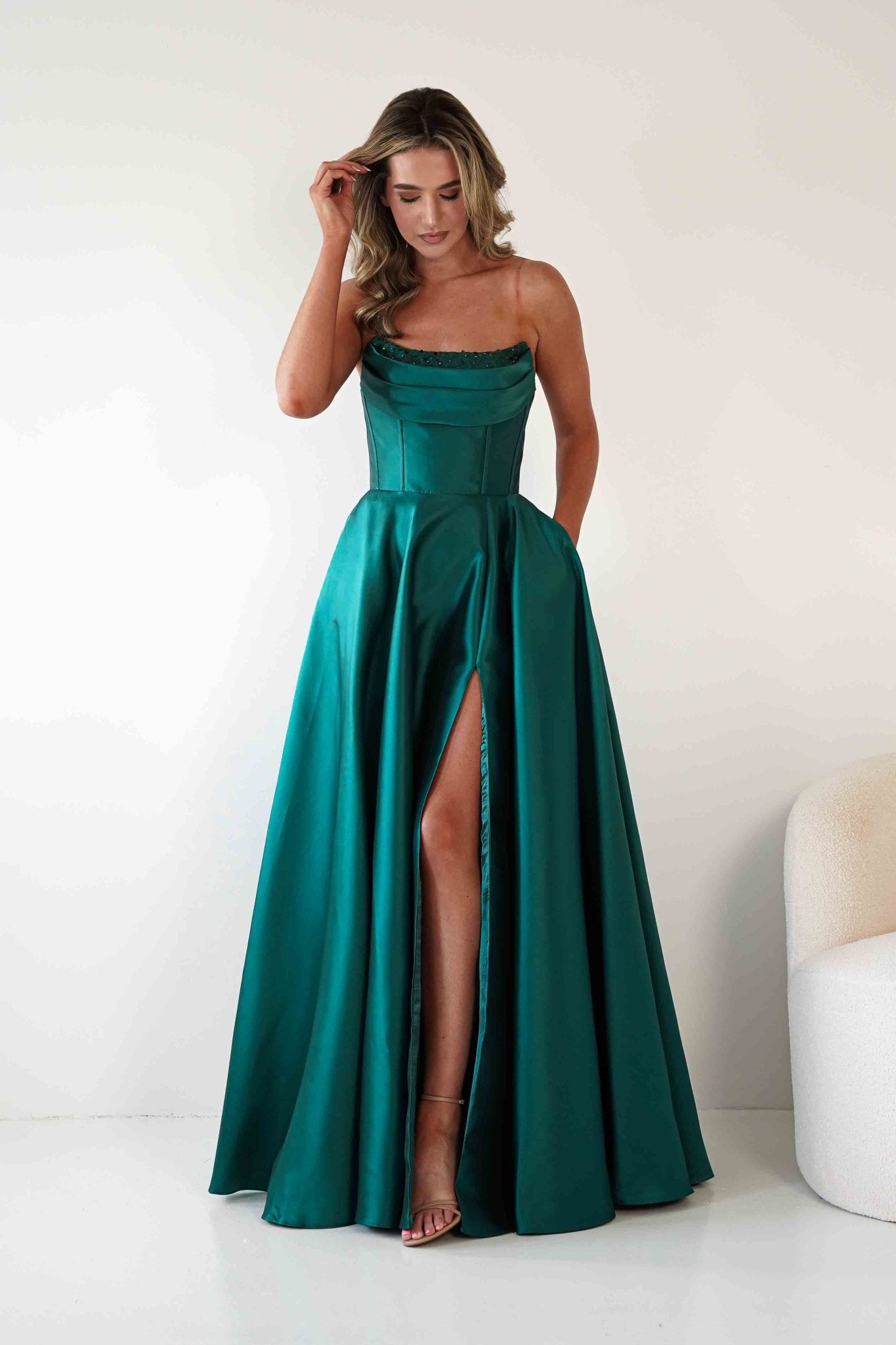 Pepper Strapless A - Line Maxi Gown | Emerald Green | Oh Hello Clothing | S (8)