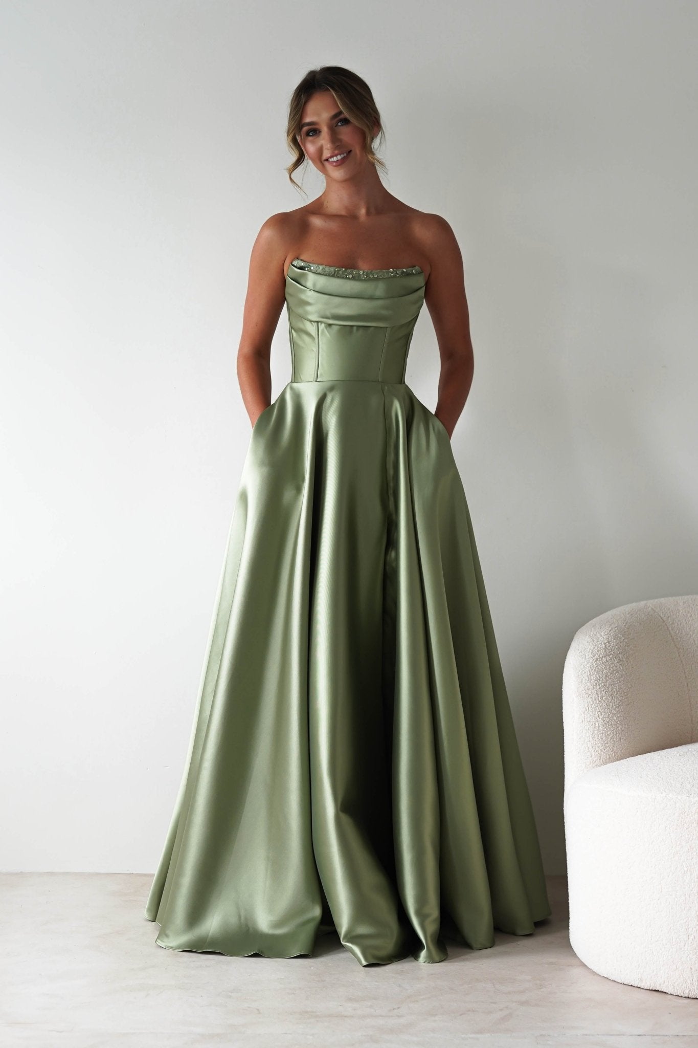 Pepper Strapless A - Line Maxi Gown | Sage | Oh Hello Clothing | XS (6)