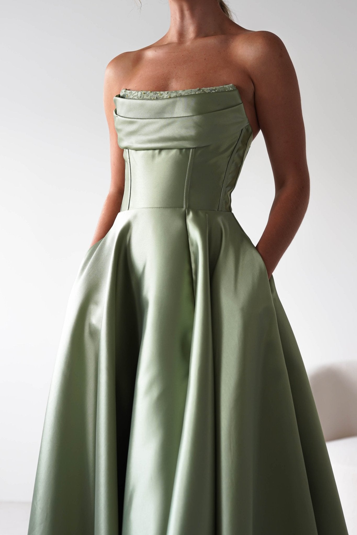Pepper Strapless A - Line Maxi Gown | Sage | Oh Hello Clothing | XS (6)