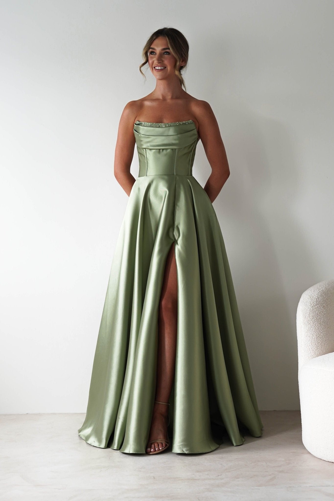 Pepper Strapless A - Line Maxi Gown | Sage | Oh Hello Clothing | XS (6)
