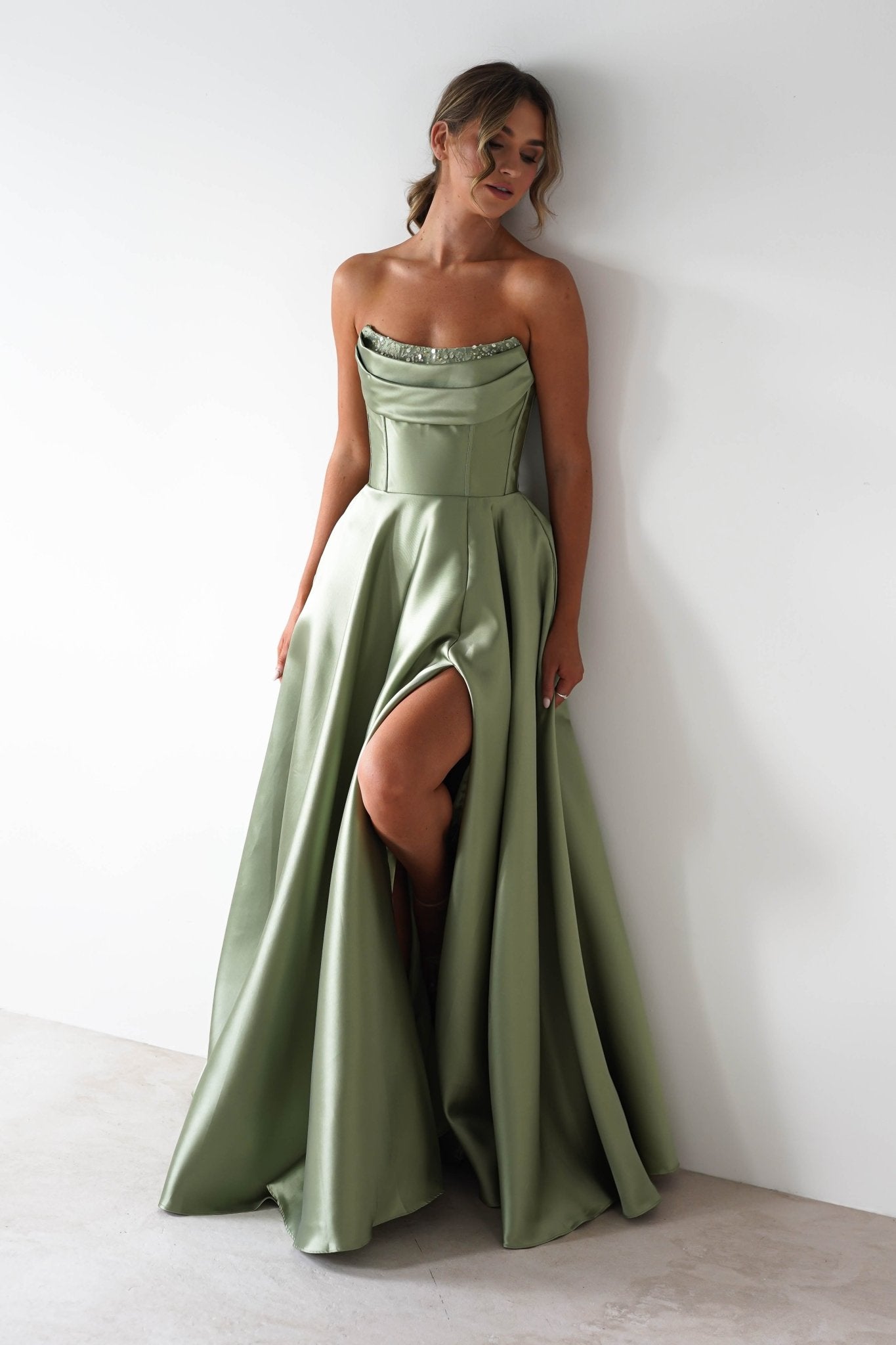 Pepper Strapless A - Line Maxi Gown | Sage | Oh Hello Clothing | XS (6)
