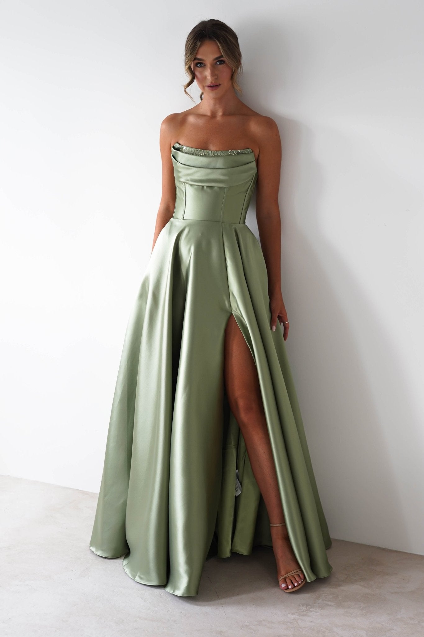 Pepper Strapless A - Line Maxi Gown | Sage | Oh Hello Clothing | XS (6)