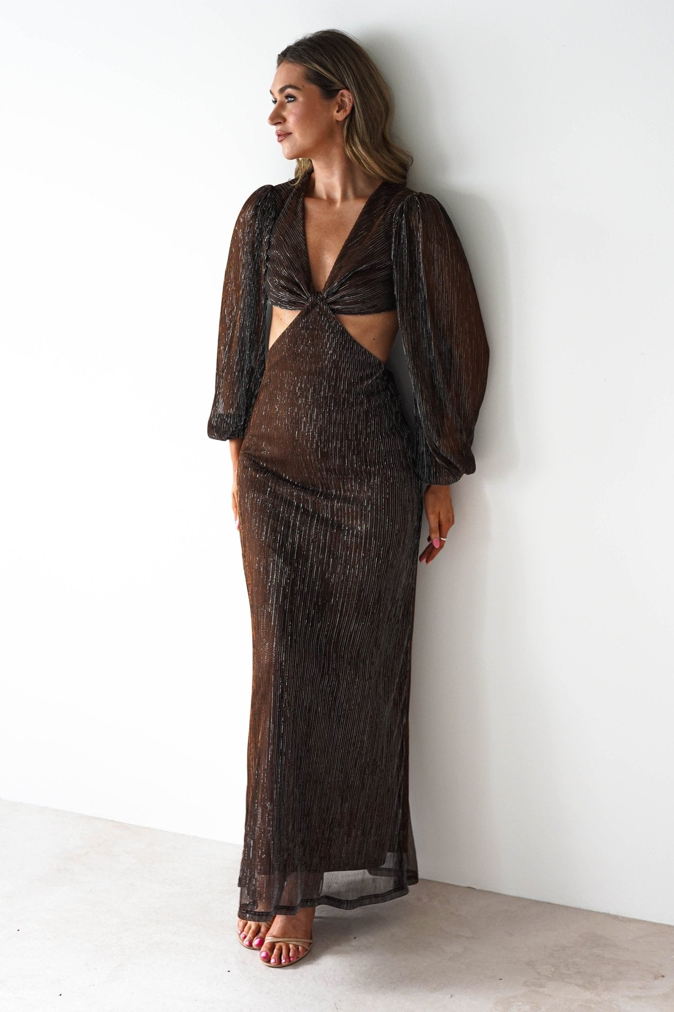 Pietra Plisse Cut Out Maxi Dress | Brown | Oh Hello Clothing | XS (6)