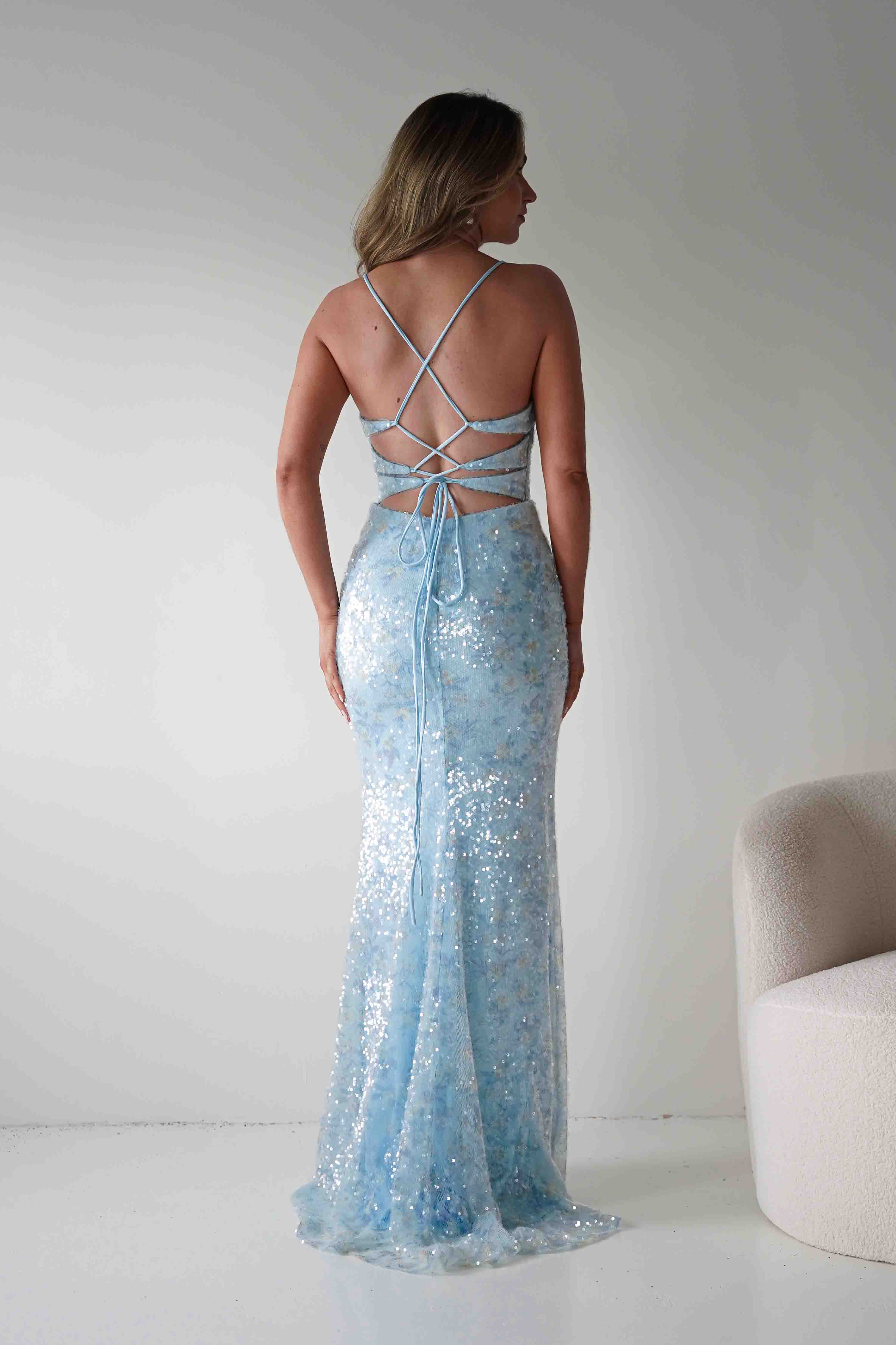 Oh Hello Clothing Dresses > Prom Dresses Rae Bodycon Floral Sequin Maxi Gown | Blue