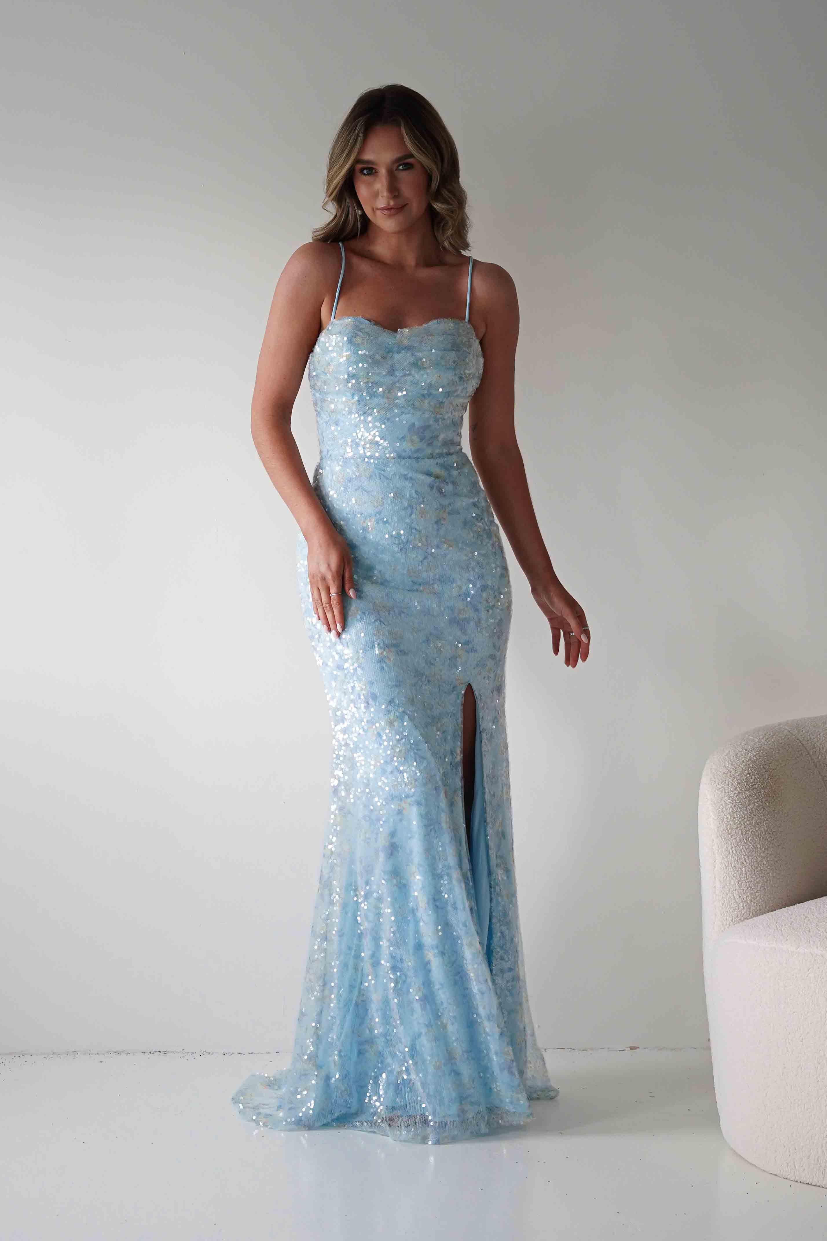 Oh Hello Clothing Dresses > Prom Dresses Rae Bodycon Floral Sequin Maxi Gown | Blue