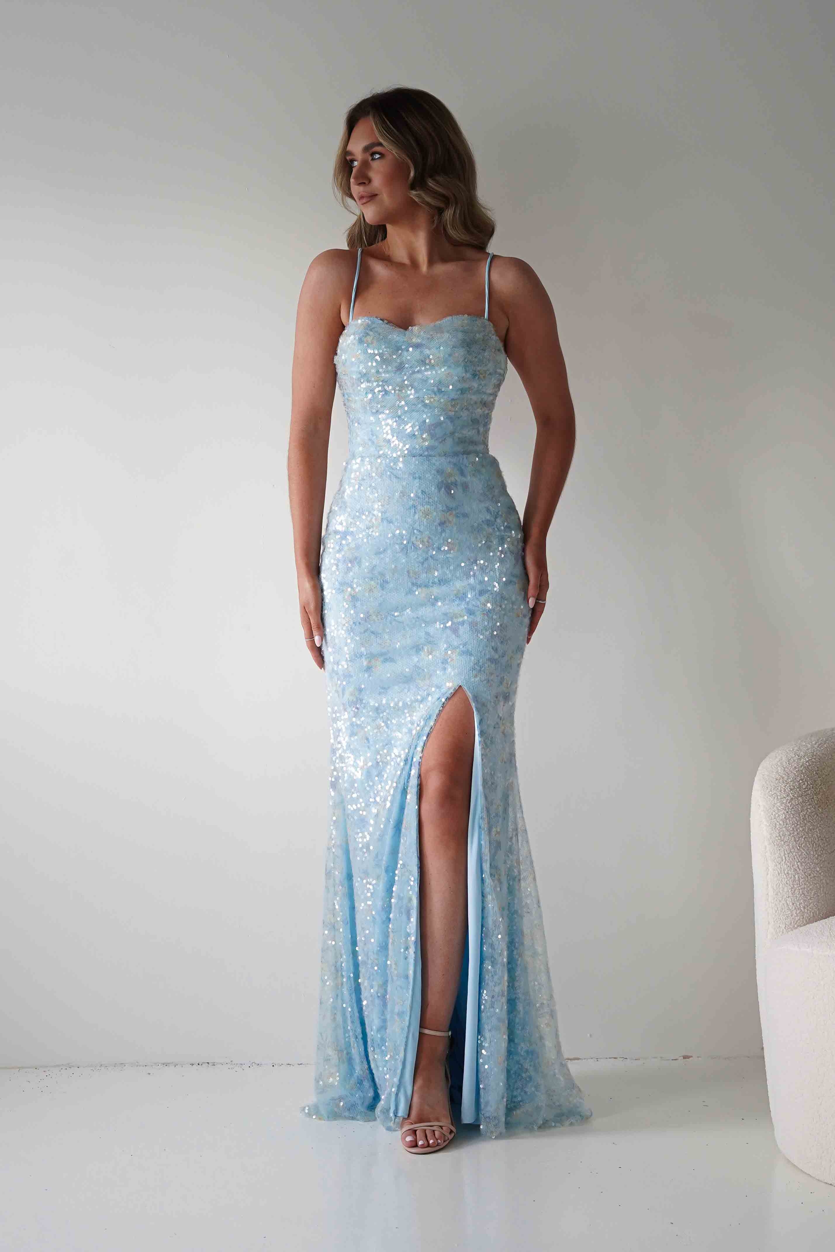 Oh Hello Clothing Dresses > Prom Dresses Rae Bodycon Floral Sequin Maxi Gown | Blue