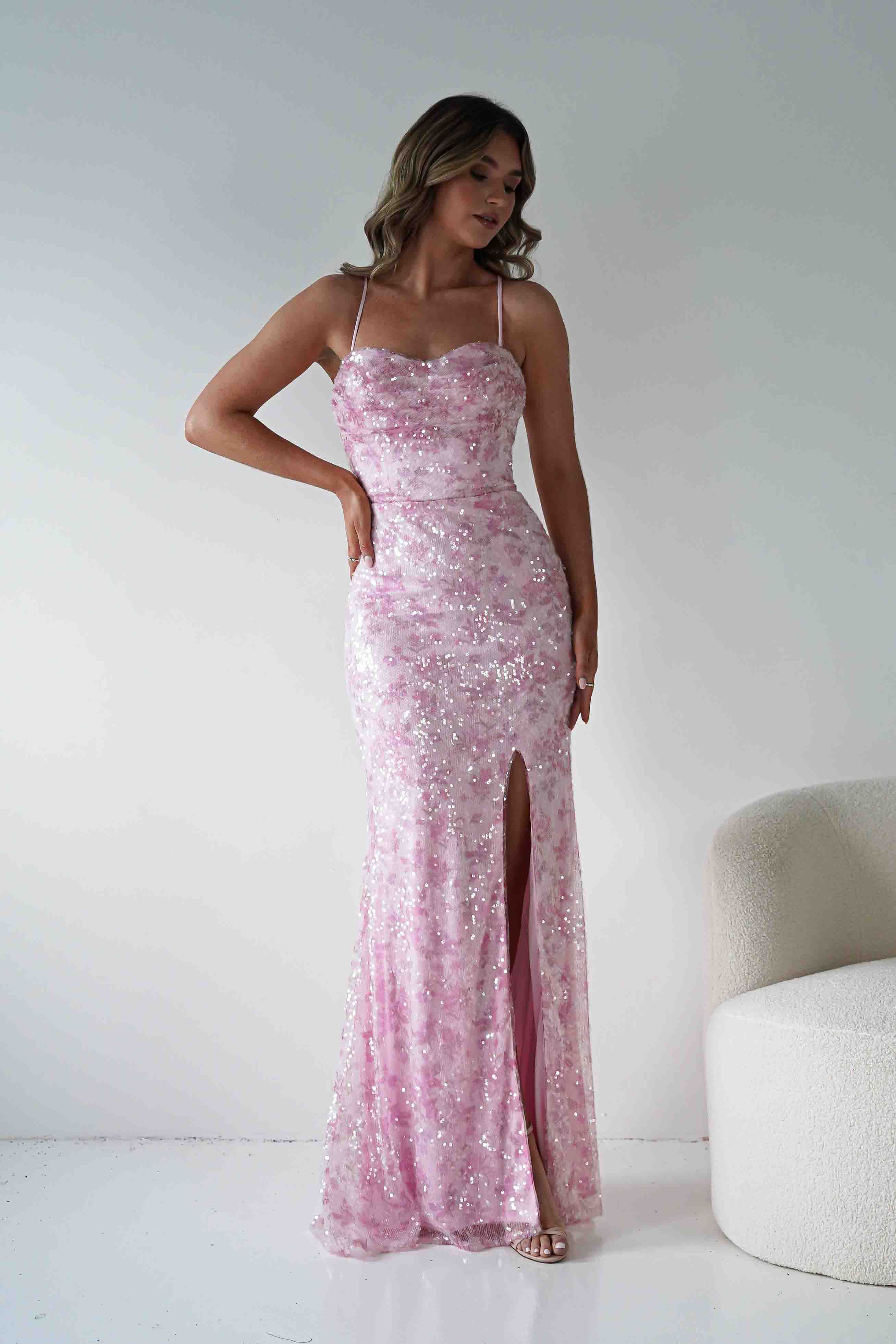Oh Hello Clothing Dresses > Prom Dresses Rae Bodycon Floral Sequin Maxi Gown | Pink