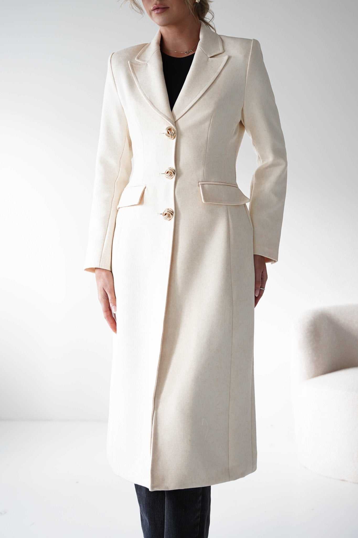 Oh Hello Clothing Blazer & Coats 1*DONE-ATTENTIF-V-2515- CREAM LONG COAT