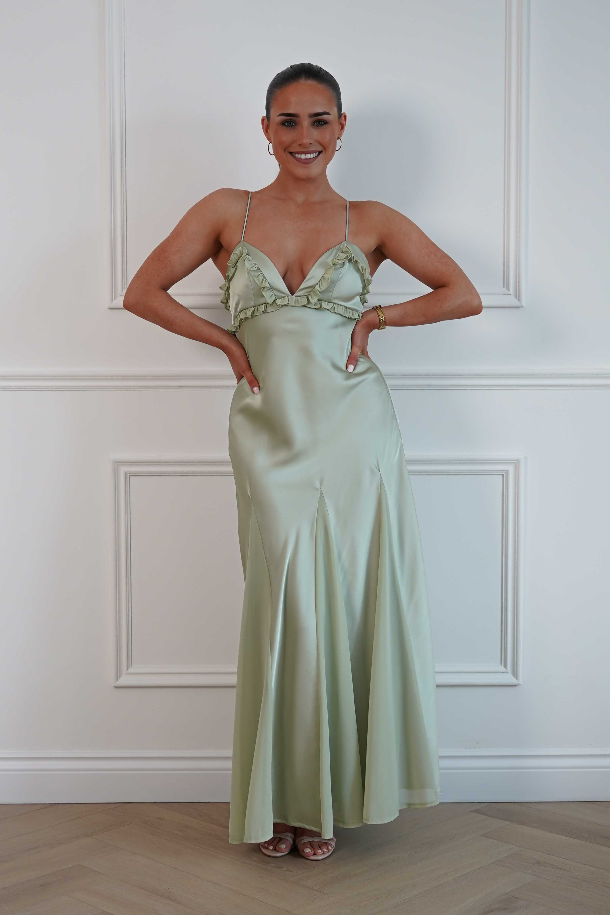 Oh Hello Clothing Women > Clothing > Dresses Remi Frill Trim Satin Maxi Dress | Sage