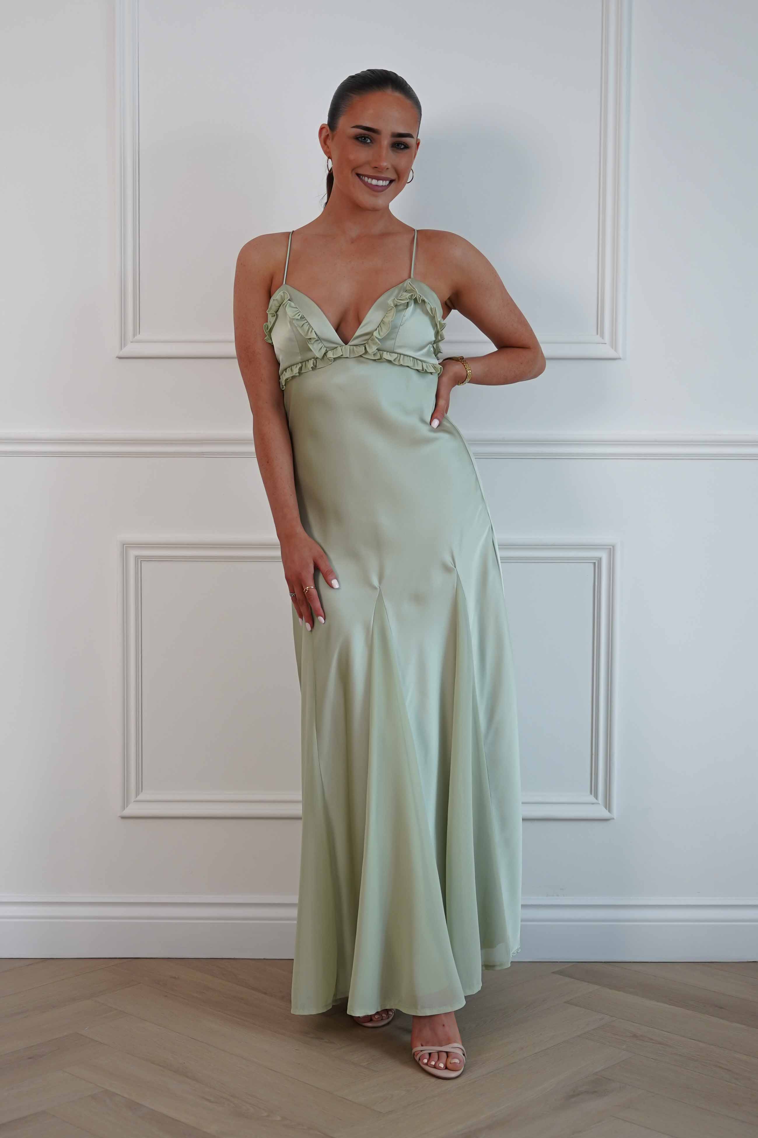 Oh Hello Clothing Women > Clothing > Dresses Remi Frill Trim Satin Maxi Dress | Sage