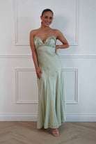Oh Hello Clothing Women > Clothing > Dresses Remi Frill Trim Satin Maxi Dress | Sage