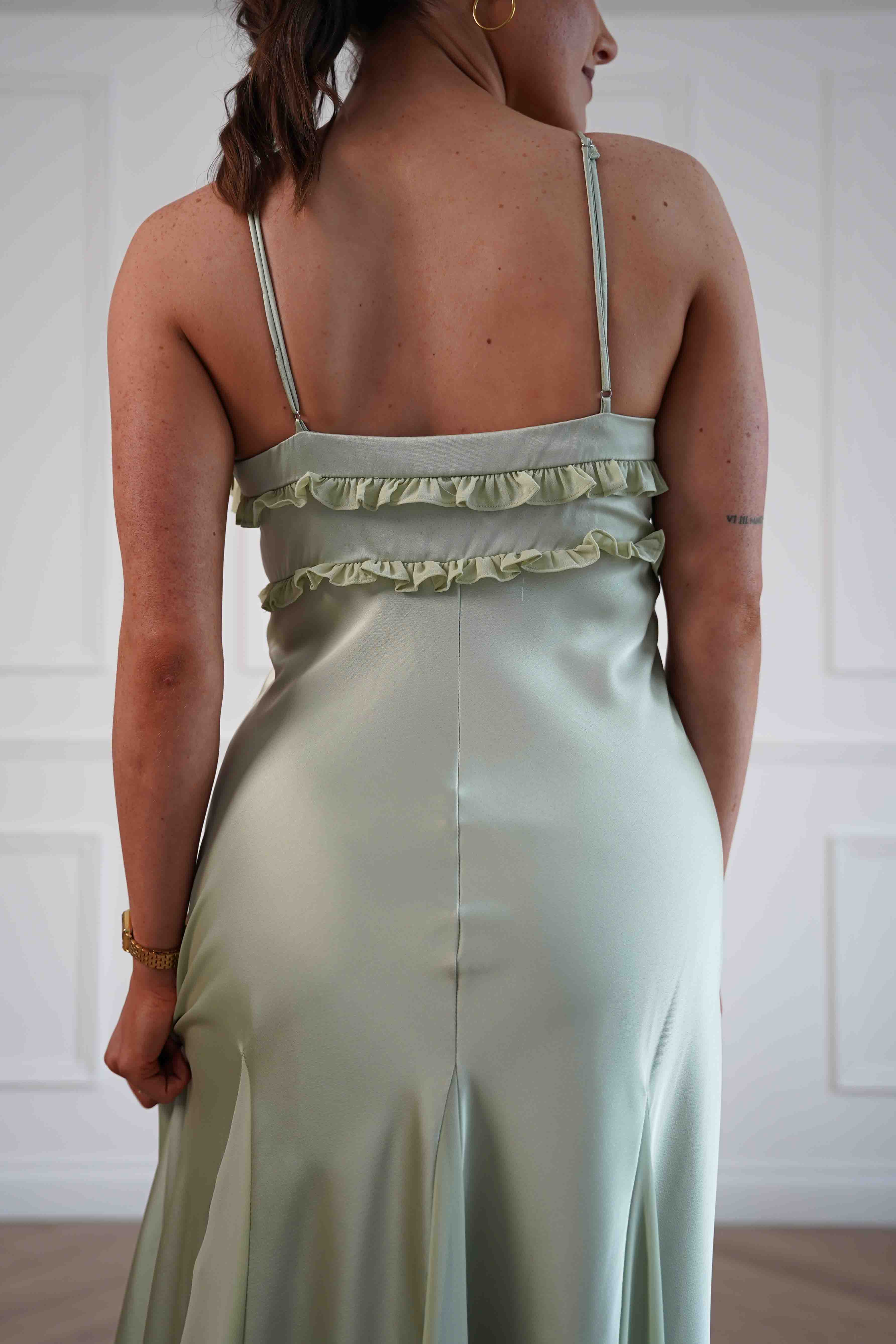 Oh Hello Clothing Women > Clothing > Dresses Remi Frill Trim Satin Maxi Dress | Sage