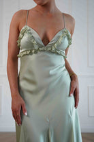 Oh Hello Clothing Women > Clothing > Dresses Remi Frill Trim Satin Maxi Dress | Sage