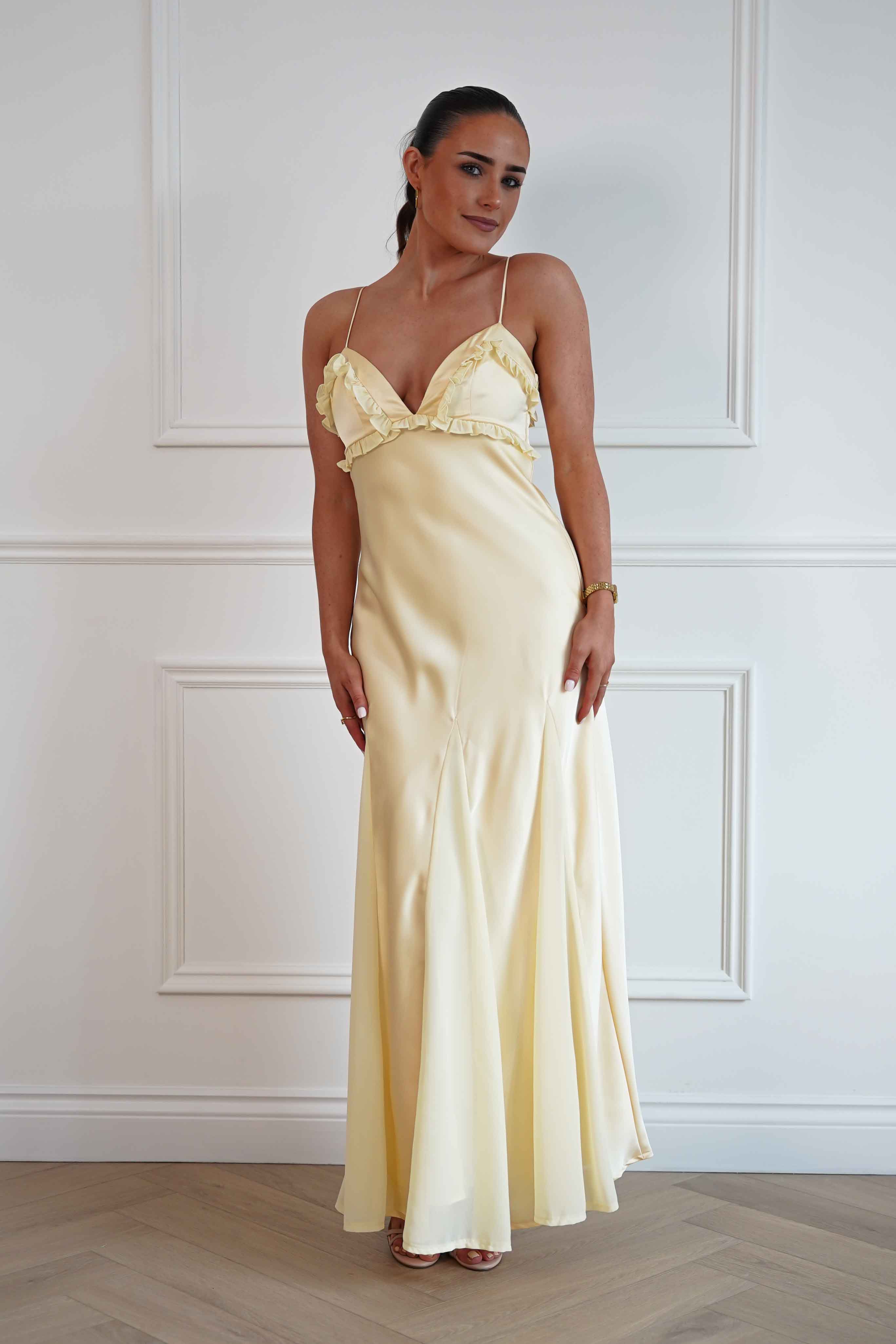 Oh Hello Clothing Women > Clothing > Dresses Remi Frill Trim Satin Maxi Dress | Yellow