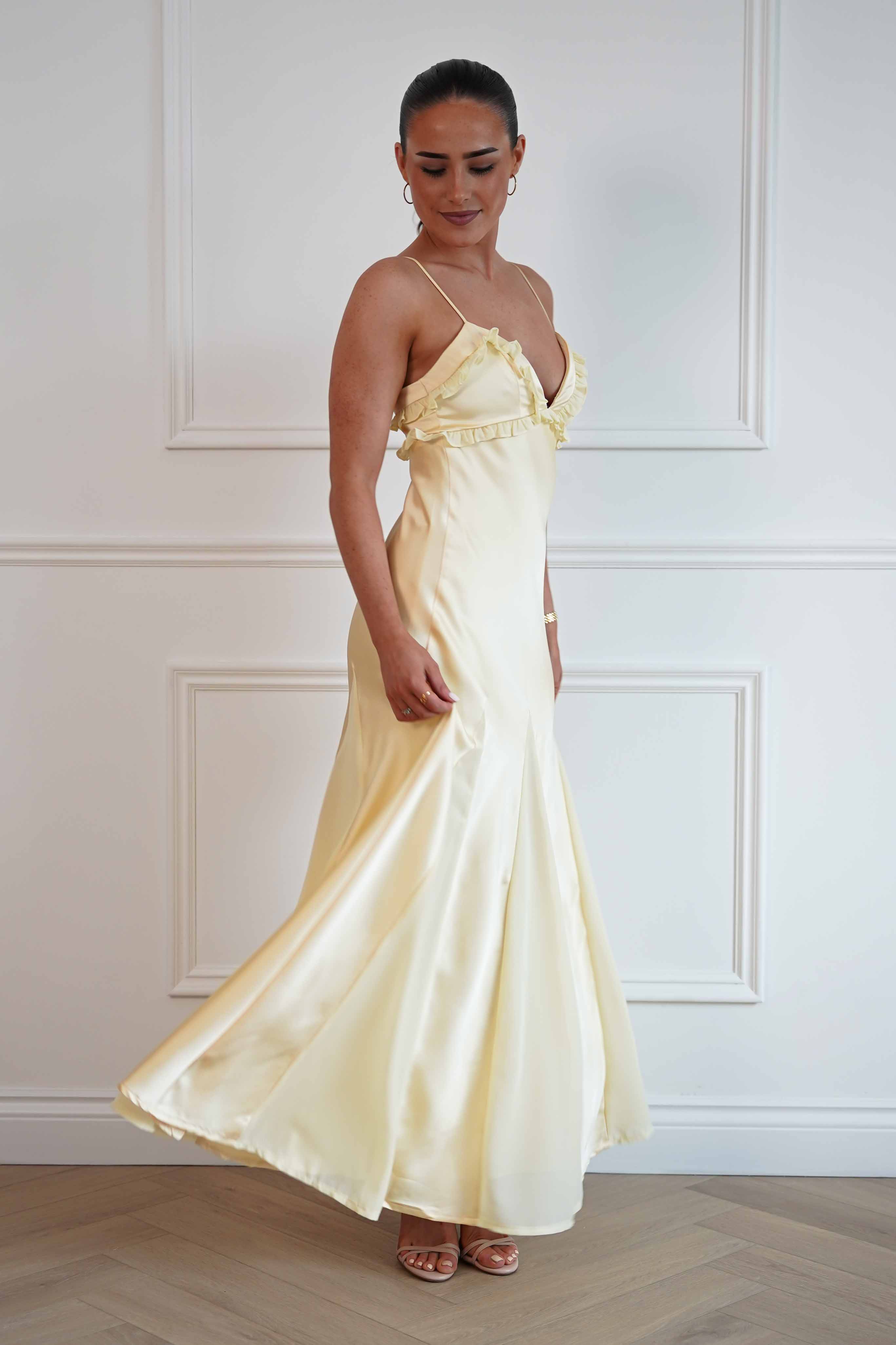 Oh Hello Clothing Women > Clothing > Dresses Remi Frill Trim Satin Maxi Dress | Yellow