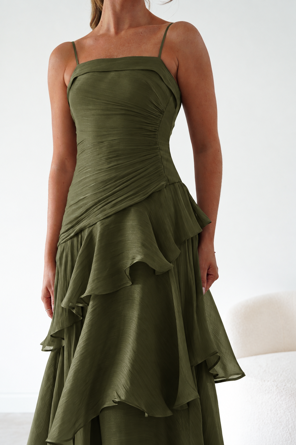 Oh Hello Clothing Women > Clothing > Dresses Renee Luminescent Ruffle Maxi Dress | Olive