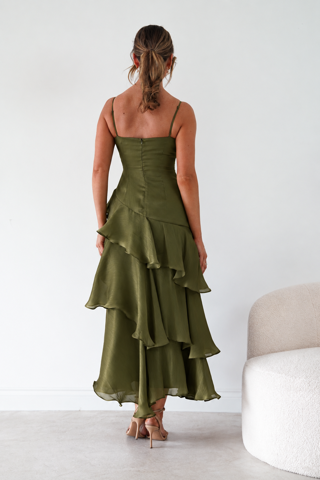 Oh Hello Clothing Women > Clothing > Dresses Renee Luminescent Ruffle Maxi Dress | Olive