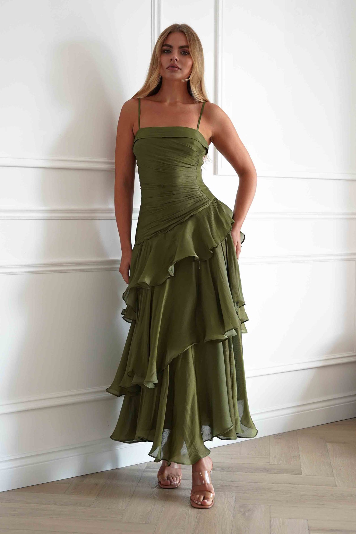 Oh Hello Clothing Women > Clothing > Dresses Renee Luminescent Ruffle Maxi Dress | Olive