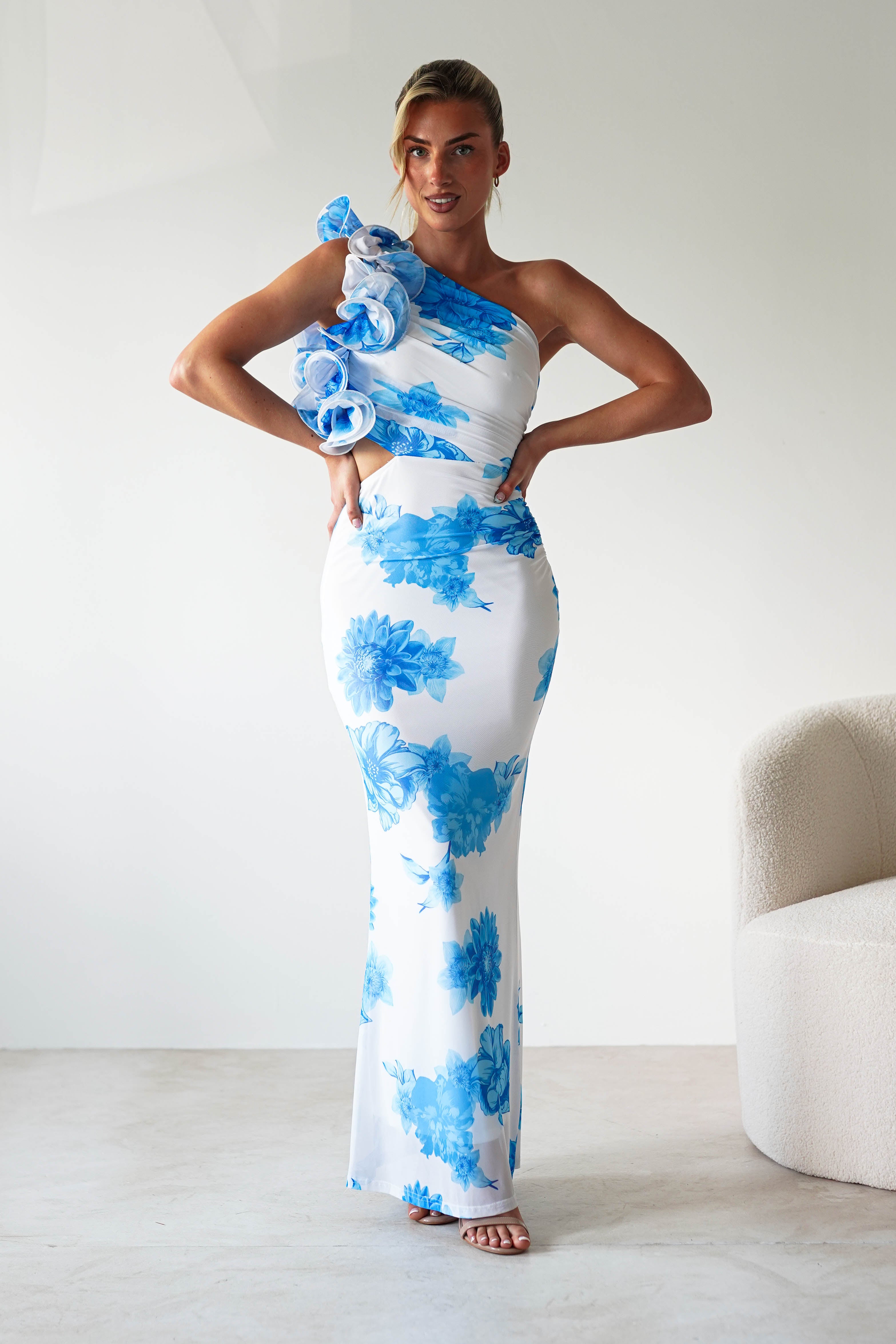 Rhia Ruffle Floral Maxi Dress | Blue/White | Oh Hello Clothing | XS (6)