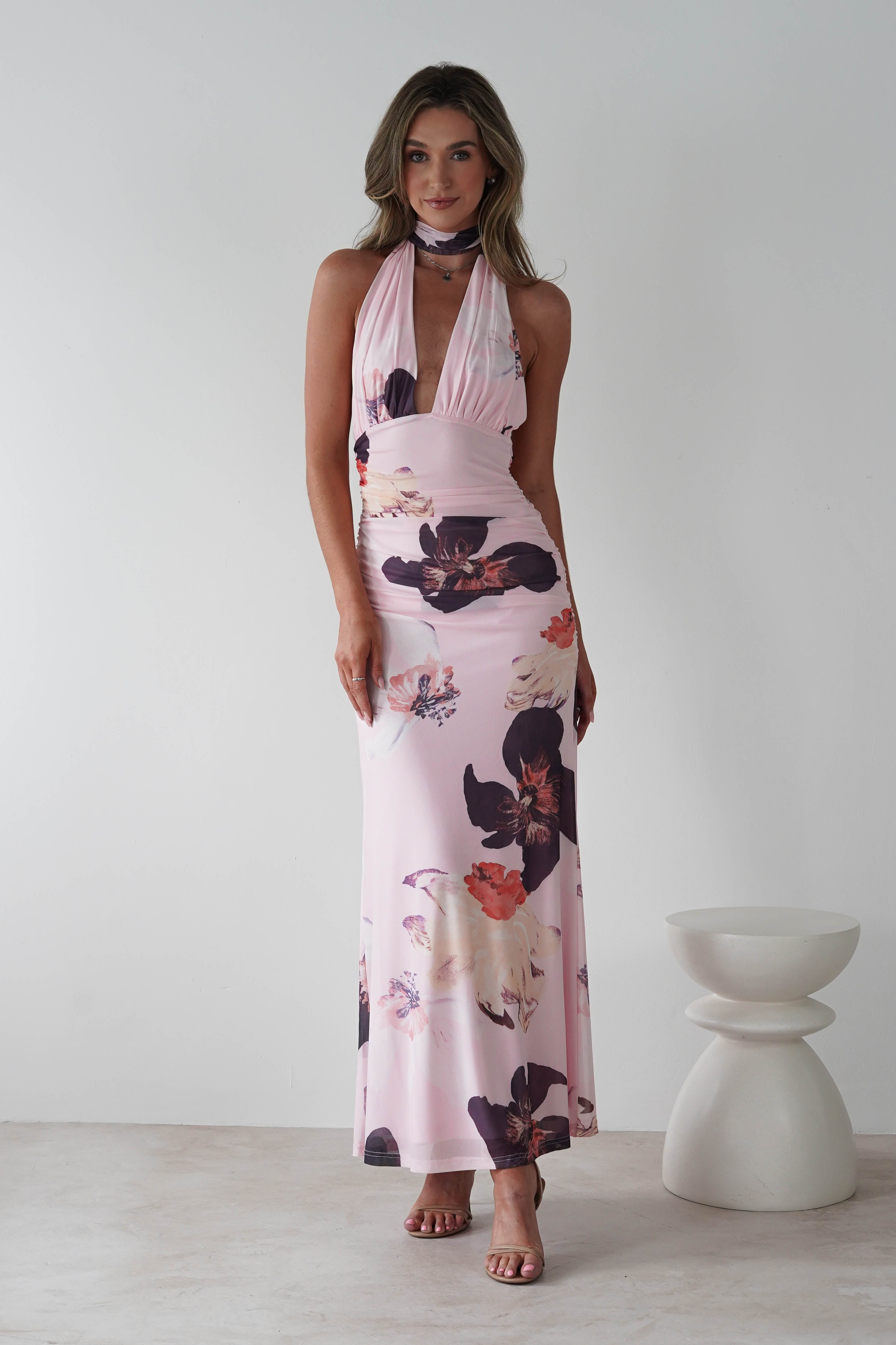 Rhoda Floral Print Mesh Maxi Dress | Light Pink | Oh Hello Clothing | XS (6)