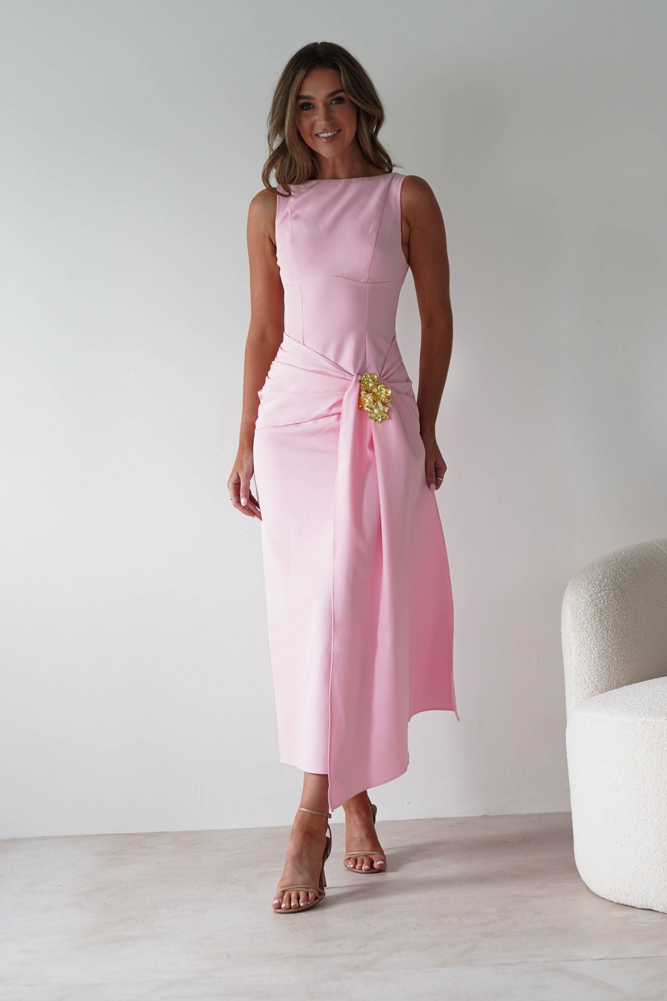 Rina Gathered Waist Midaxi Dress | Pink | Oh Hello Clothing | XS (6)