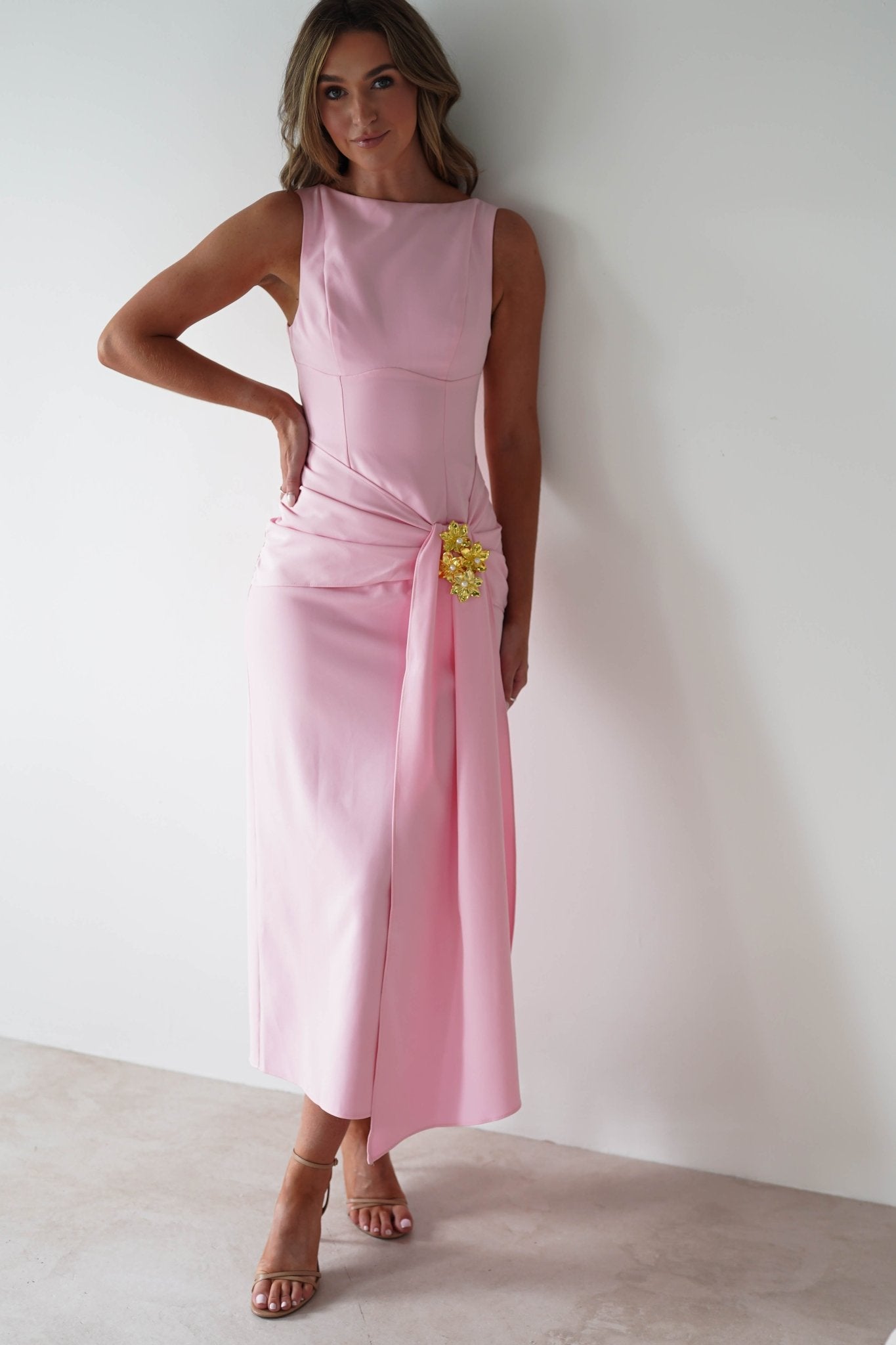 Rina Gathered Waist Midaxi Dress | Pink | Oh Hello Clothing | XS (6)