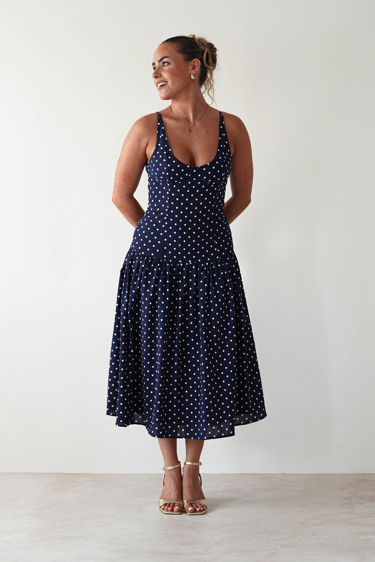 Ritz Polka Dot Drop-hem Midi Dress Navy | Wedding Guest Dress