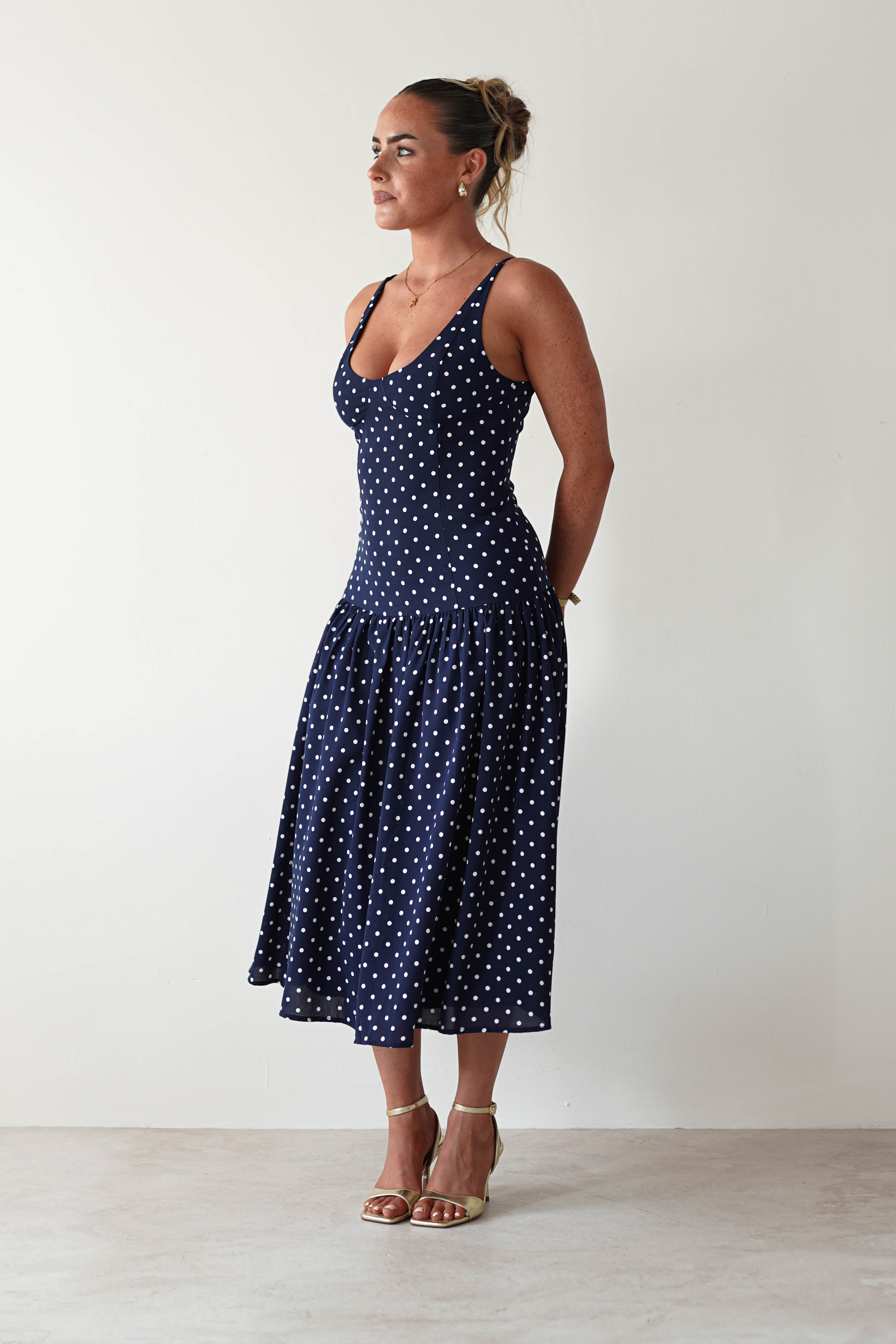 Ritz Polka Dot Drop - hem Midi Dress | Navy | Oh Hello Clothing | S (8)