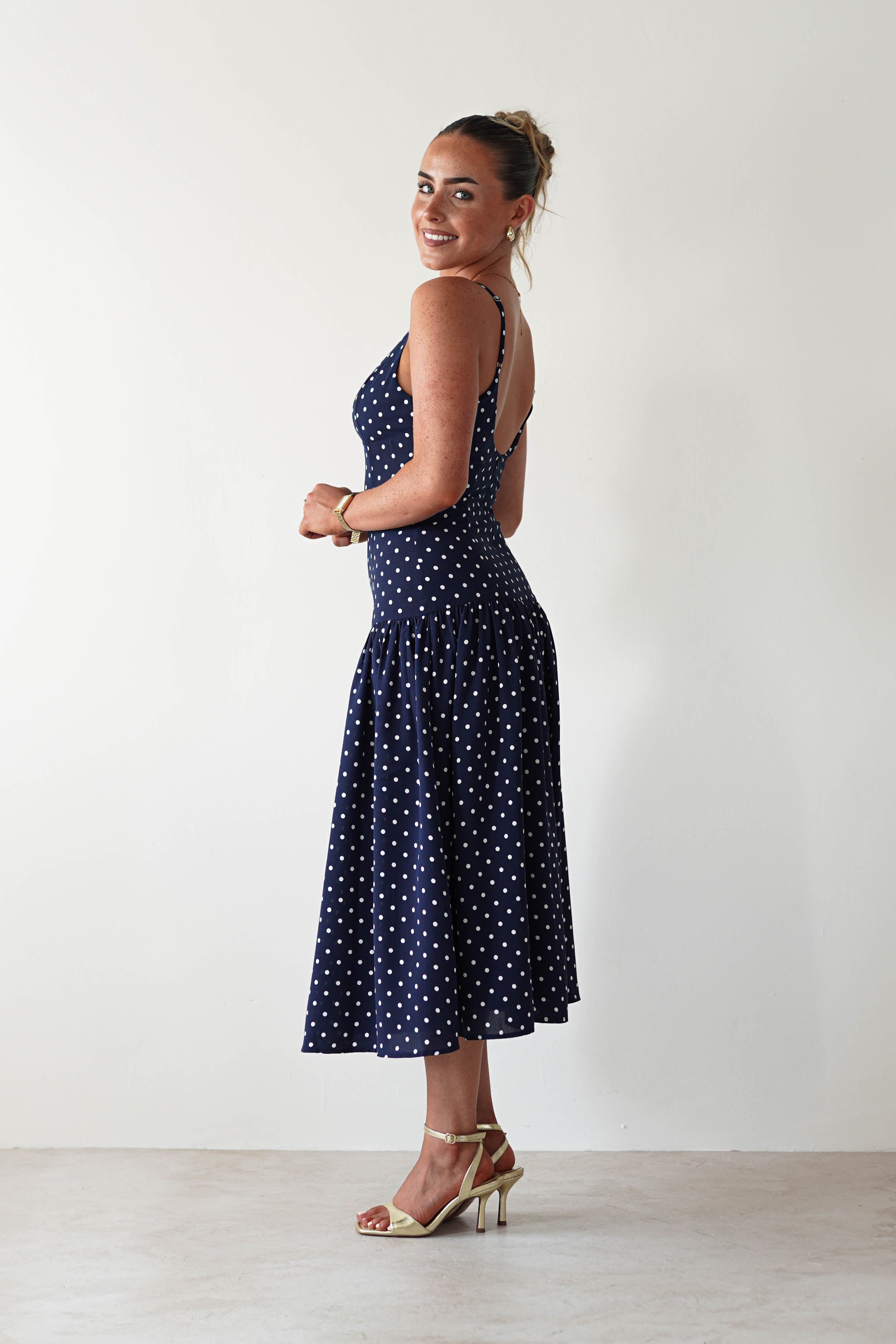 Ritz Polka Dot Drop - hem Midi Dress | Navy | Oh Hello Clothing | S (8)