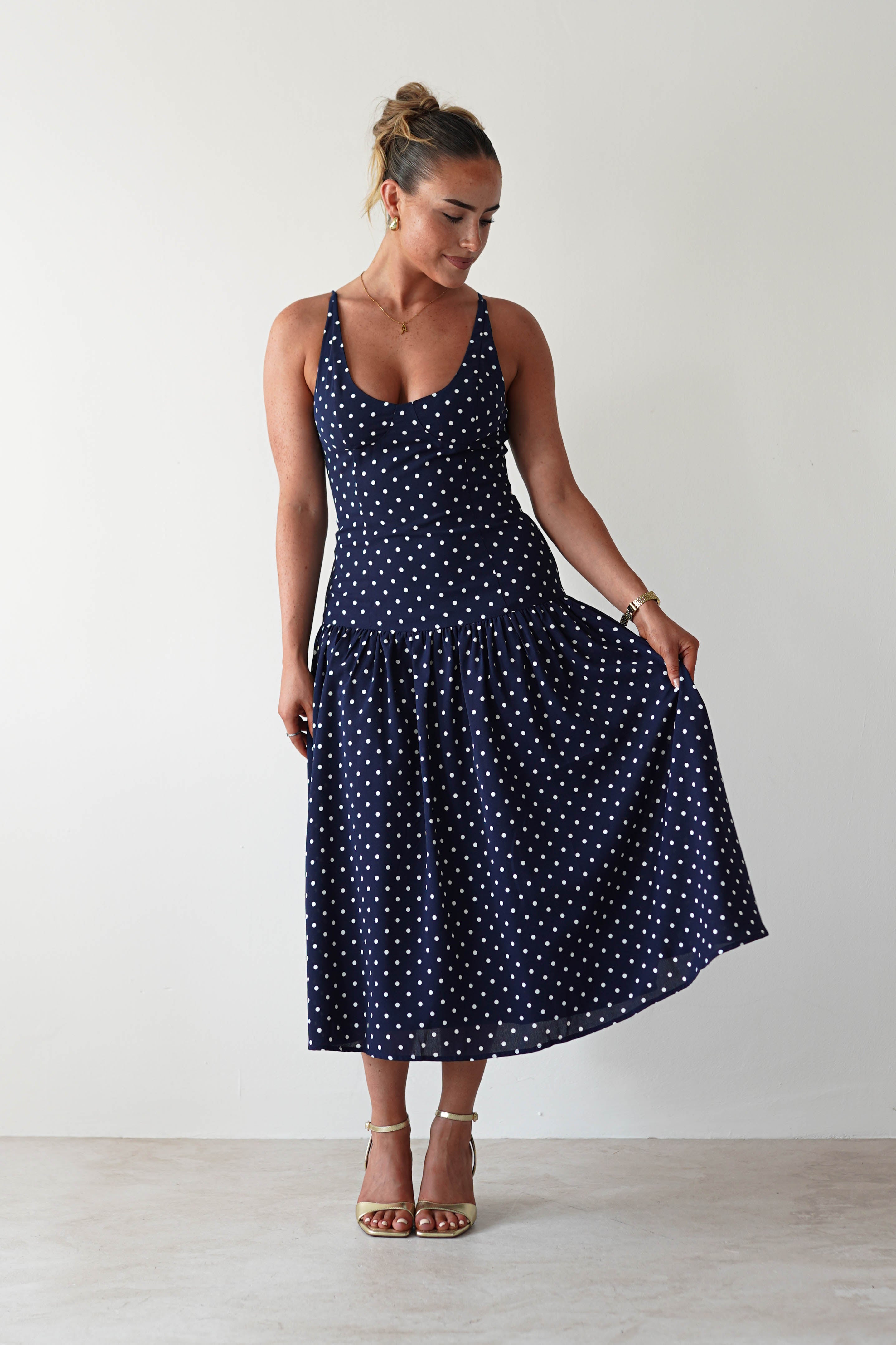 Ritz Polka Dot Drop - hem Midi Dress | Navy | Oh Hello Clothing | S (8)