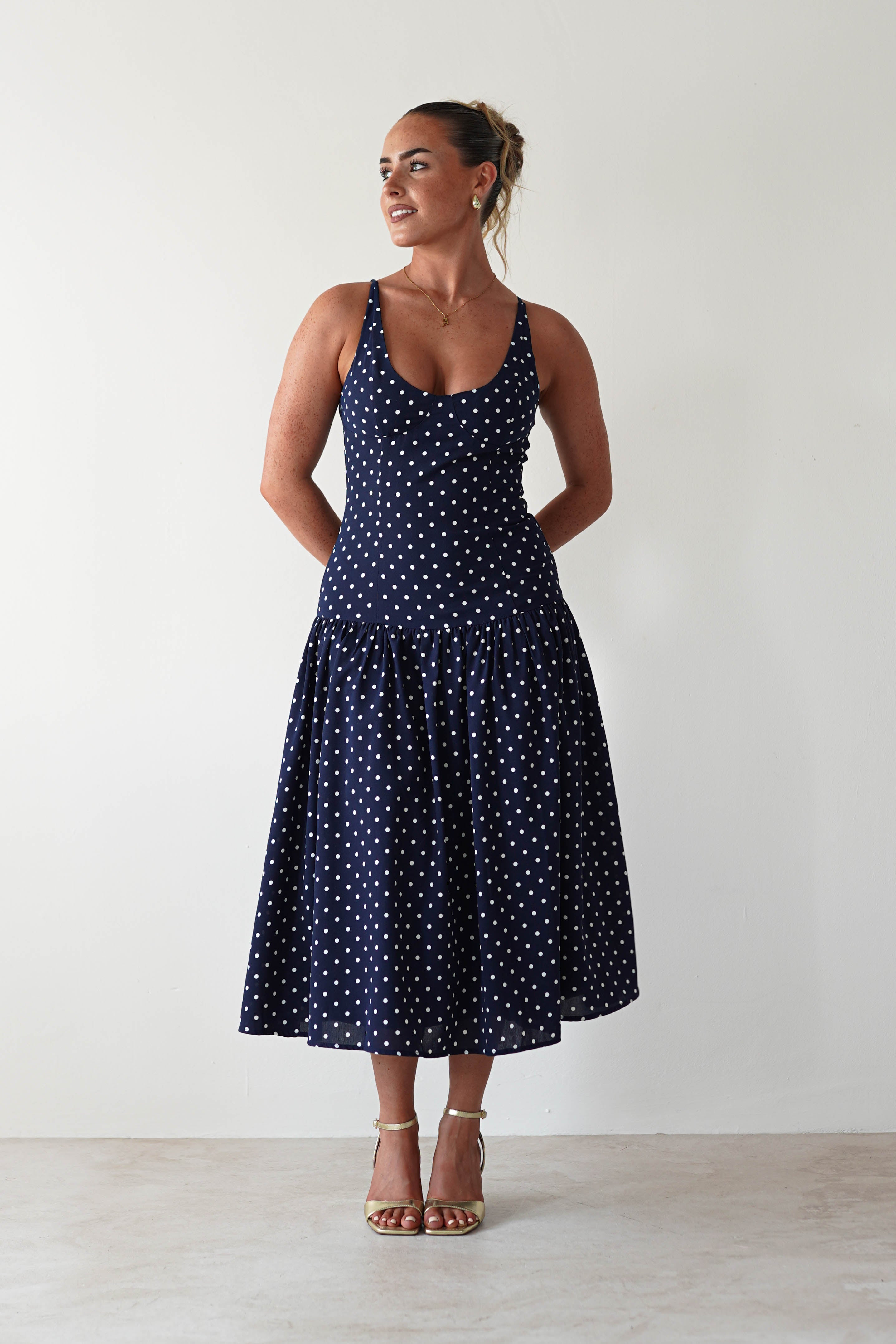 Ritz Polka Dot Drop - hem Midi Dress | Navy | Oh Hello Clothing | S (8)