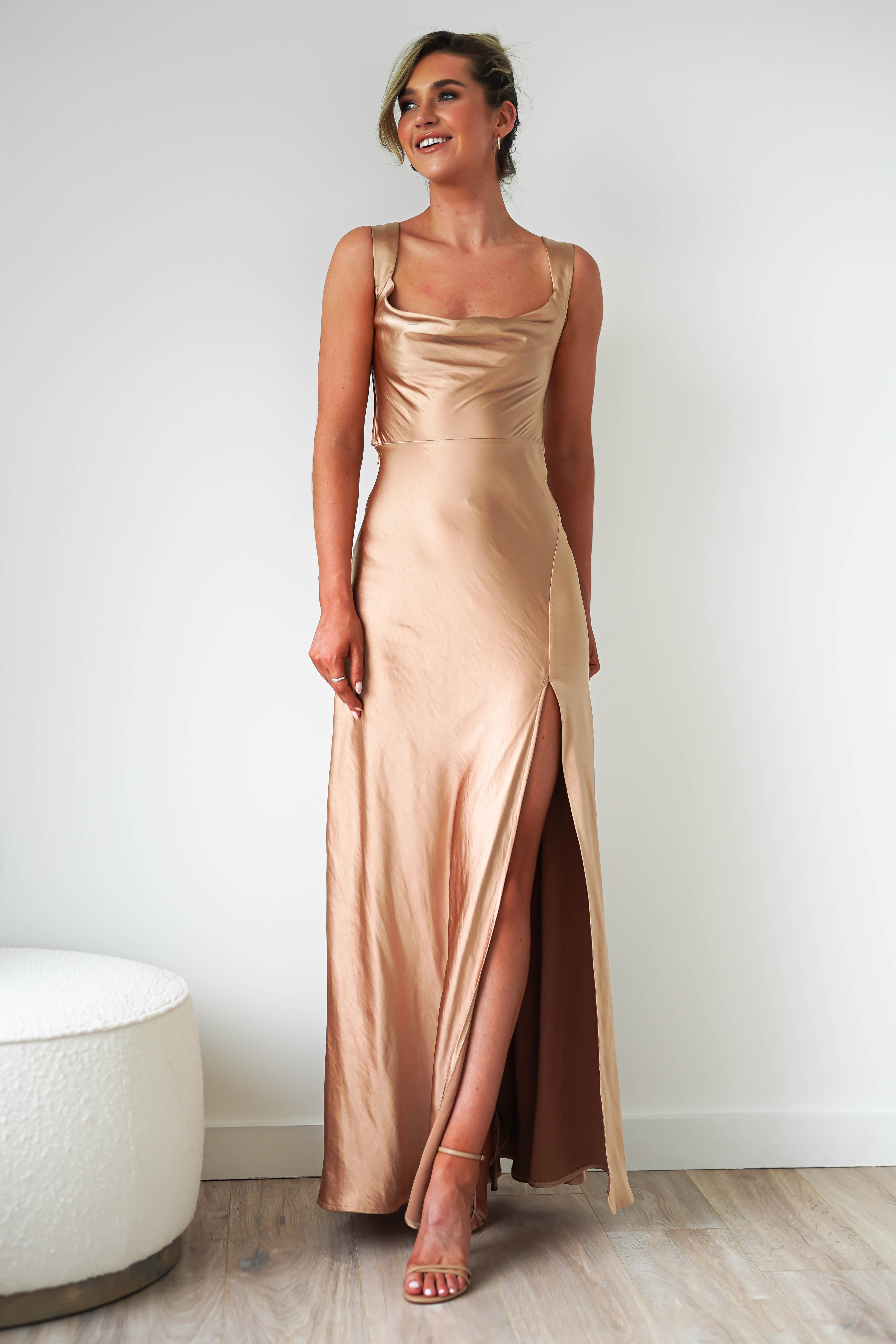 Riviera Soft Satin Maxi Gown | Gold/Bronze