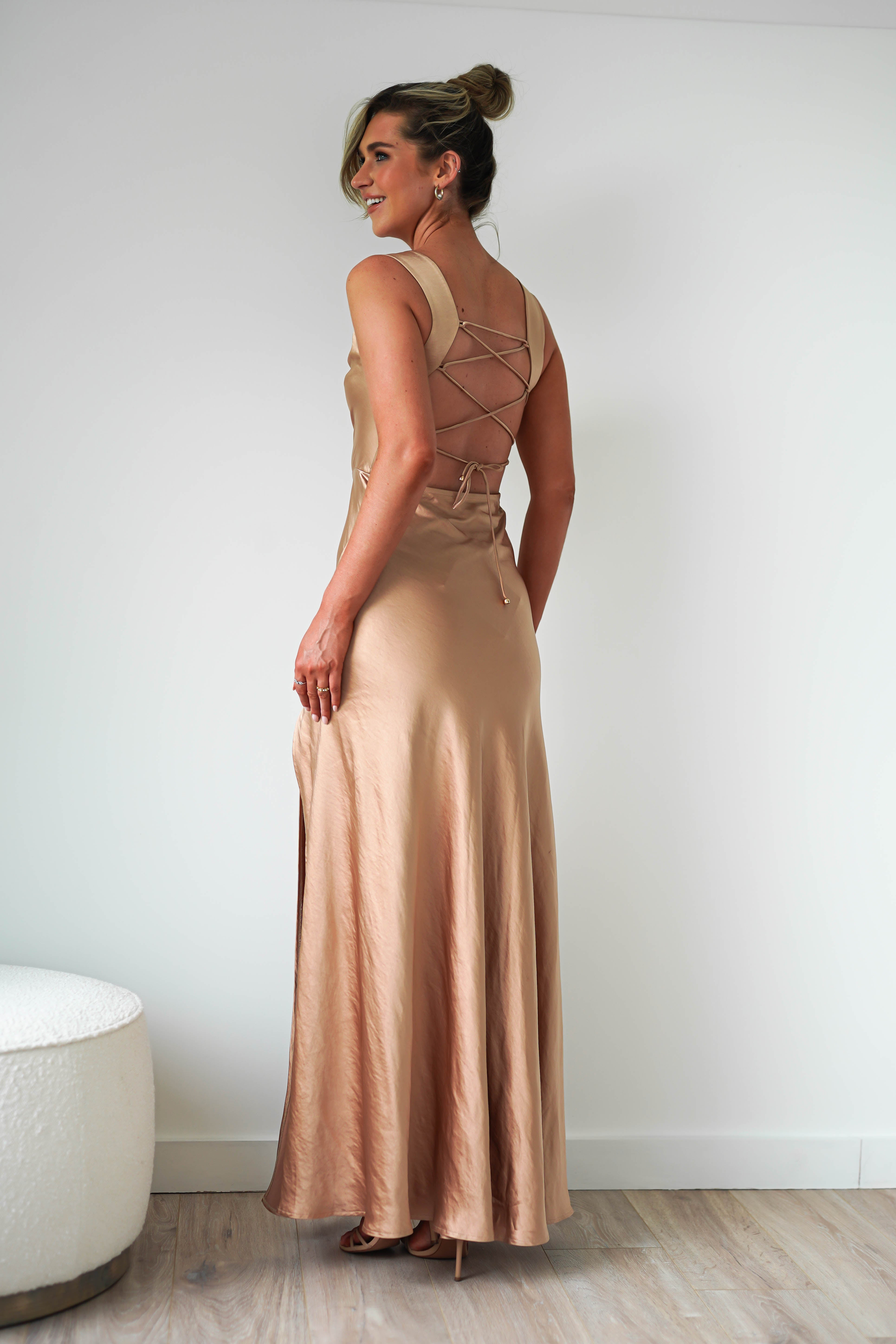 Riviera Soft Satin Maxi Gown | Gold/Bronze