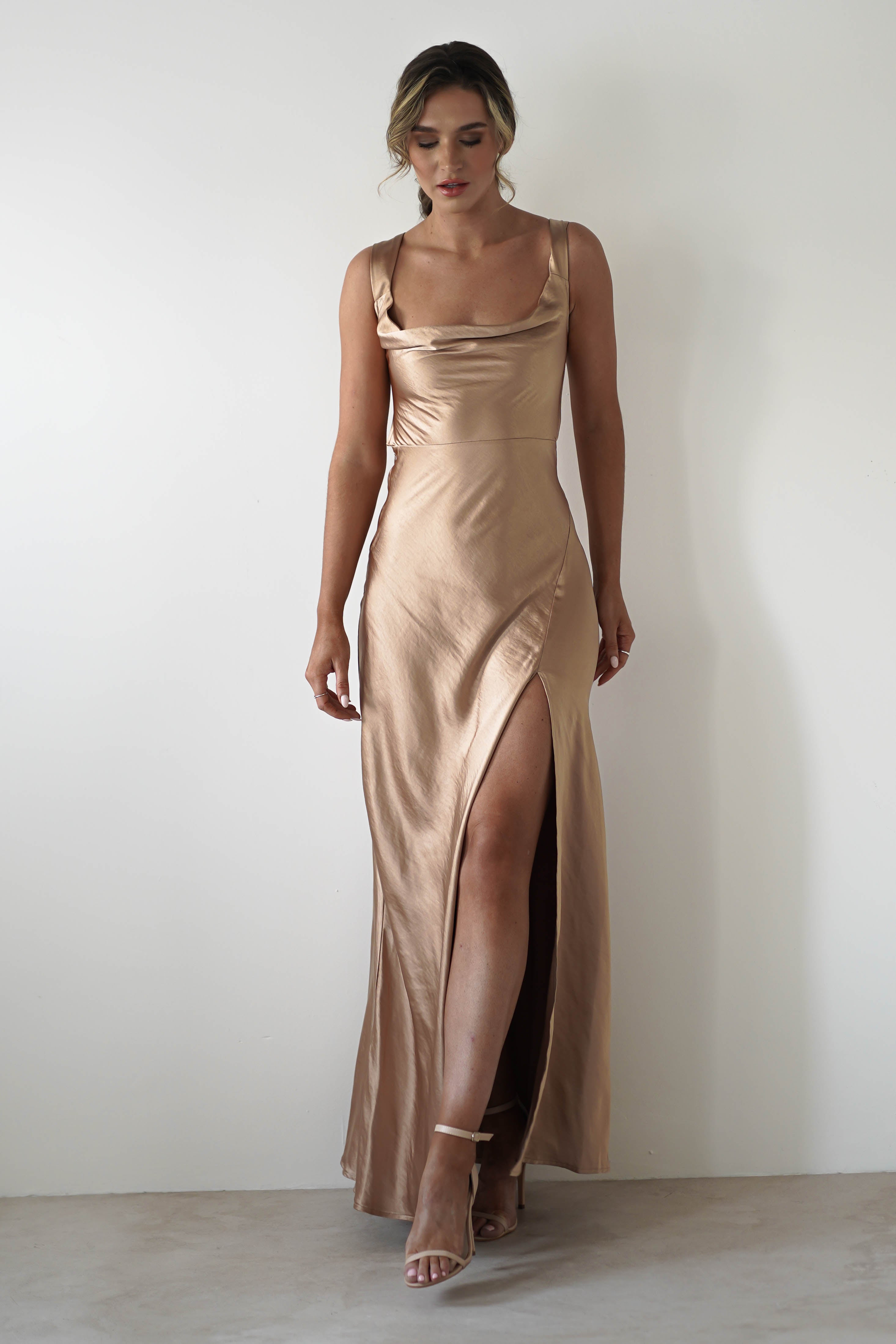 Riviera Soft Satin Maxi Gown | Gold/Bronze