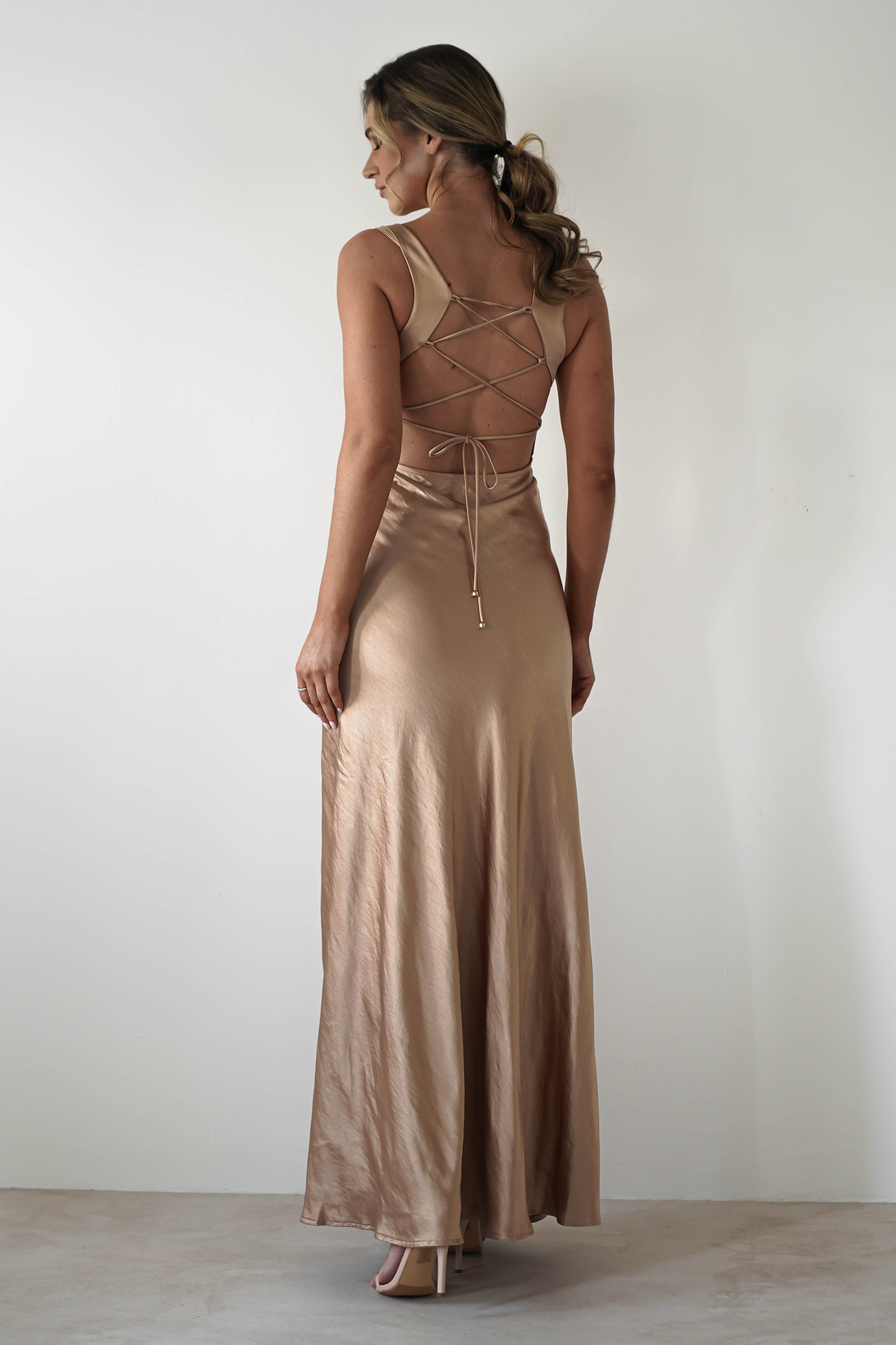 Riviera Soft Satin Maxi Gown | Gold/Bronze